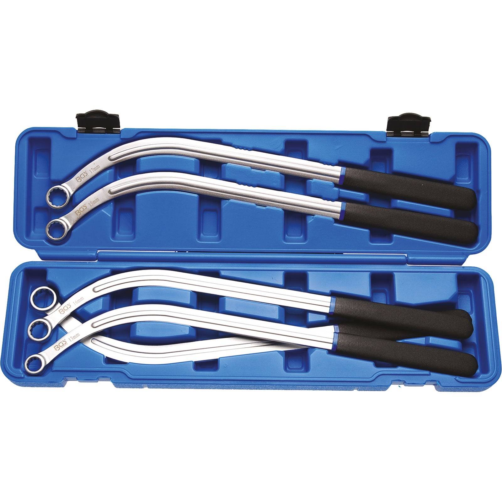 Eine blaue Plastikbox, die vier gebogene Brechstangen mit schwarzen Griffen enthält, die zum Lösen von festsitzenden Schrauben verwendet werden.