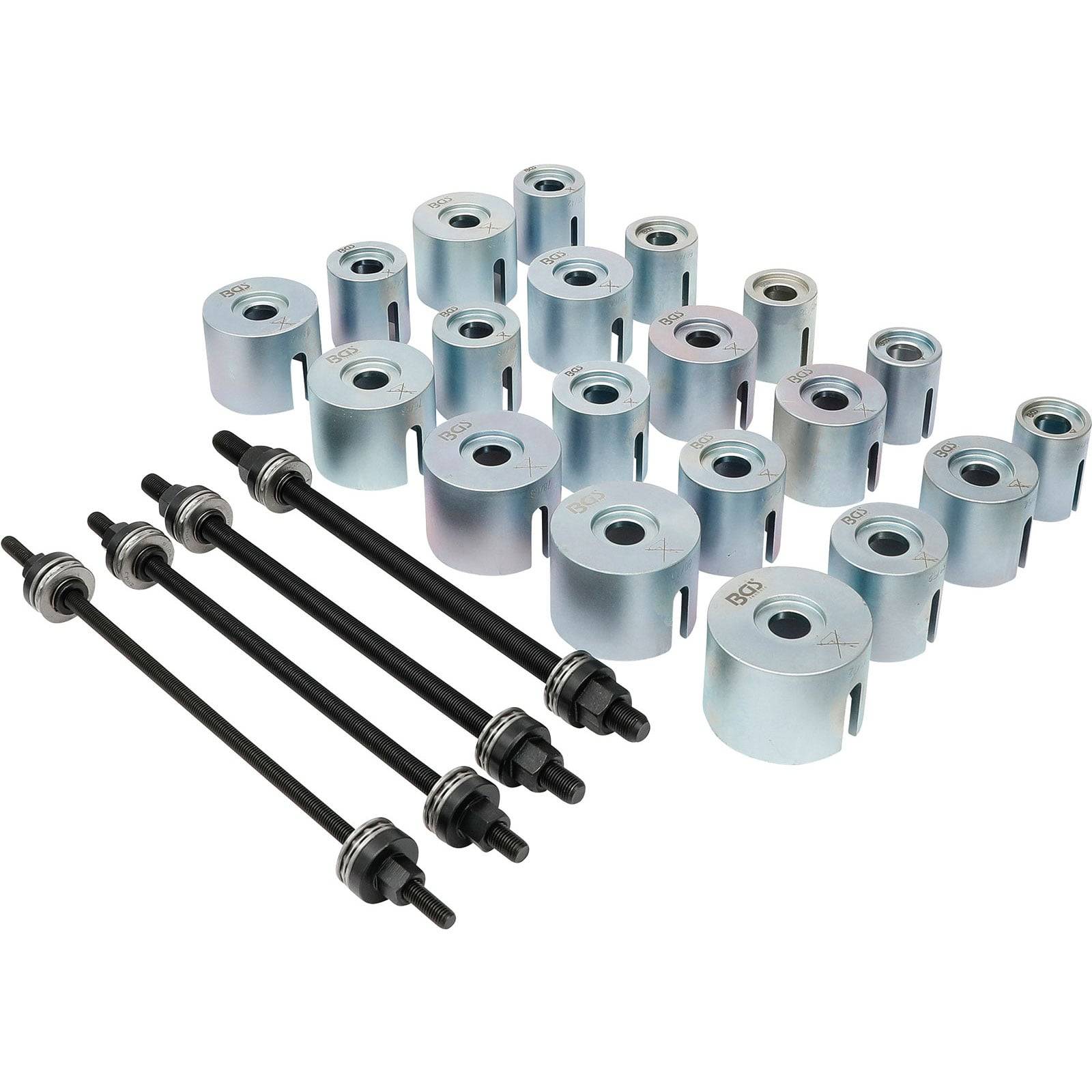 Eine Reihe von metallischen Kabelbefestigungsvorrichtungen in verschiedenen Größen, einige mit angebrachten Stäben, auf einer weißen Oberfläche angeordnet.