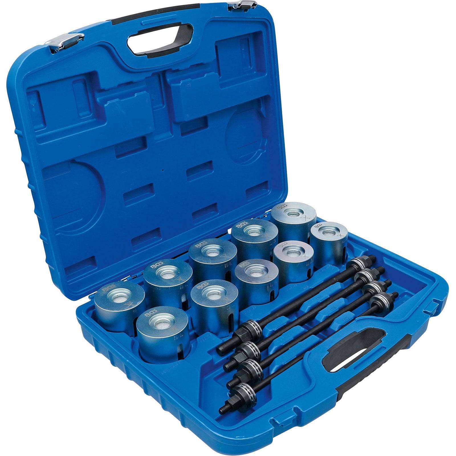 Blauer Transportkoffer mit sortierten Metallwerkzeugen, einschließlich runder Teile und Stangen. Geeignet für automotive oder mechanische Anwendungen.
