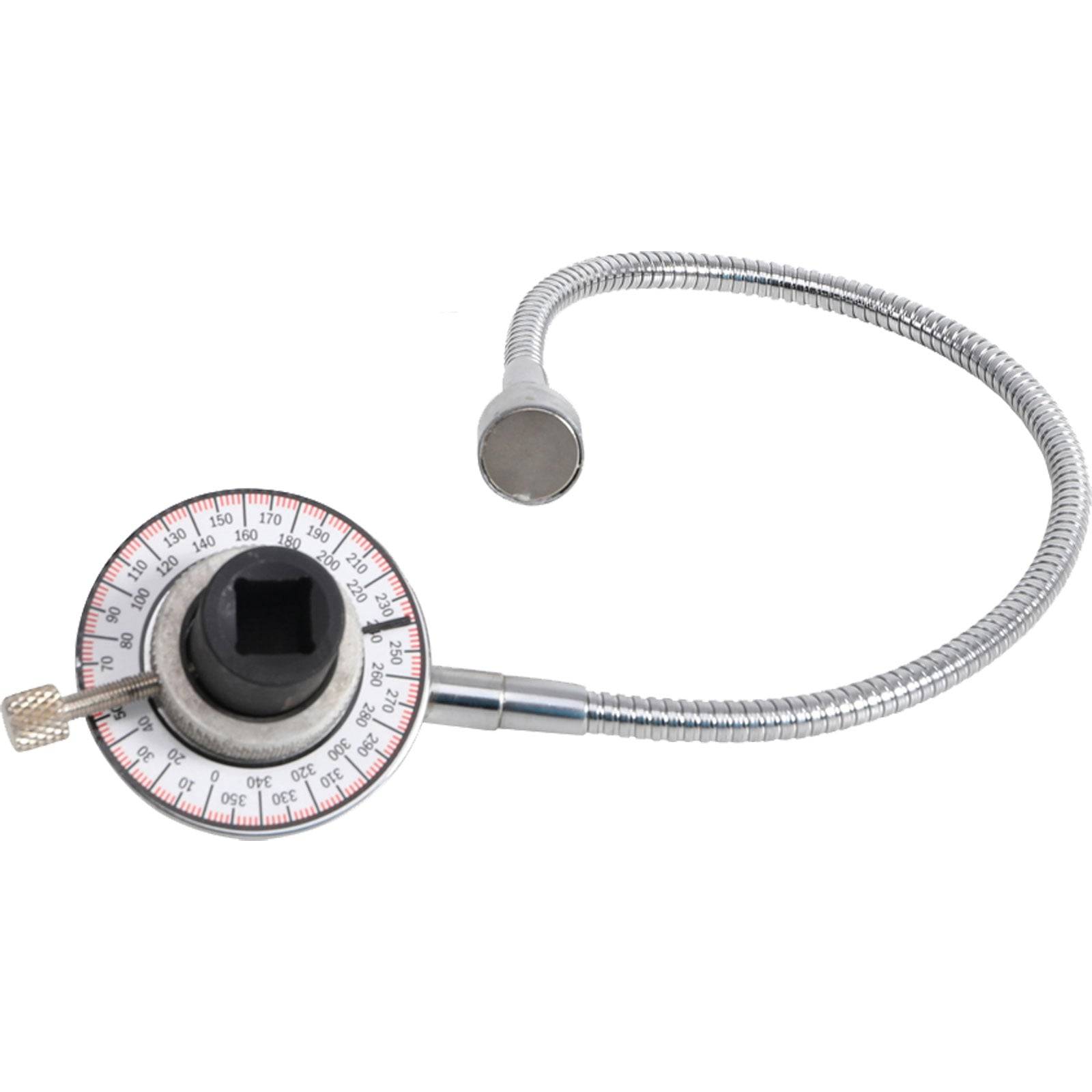 Flexibler Drehmomentwinkel-Messgerät mit rundem Zifferblatt und quadratischem Adapter, verwendet für präzise Messungen in mechanischen Anwendungen.