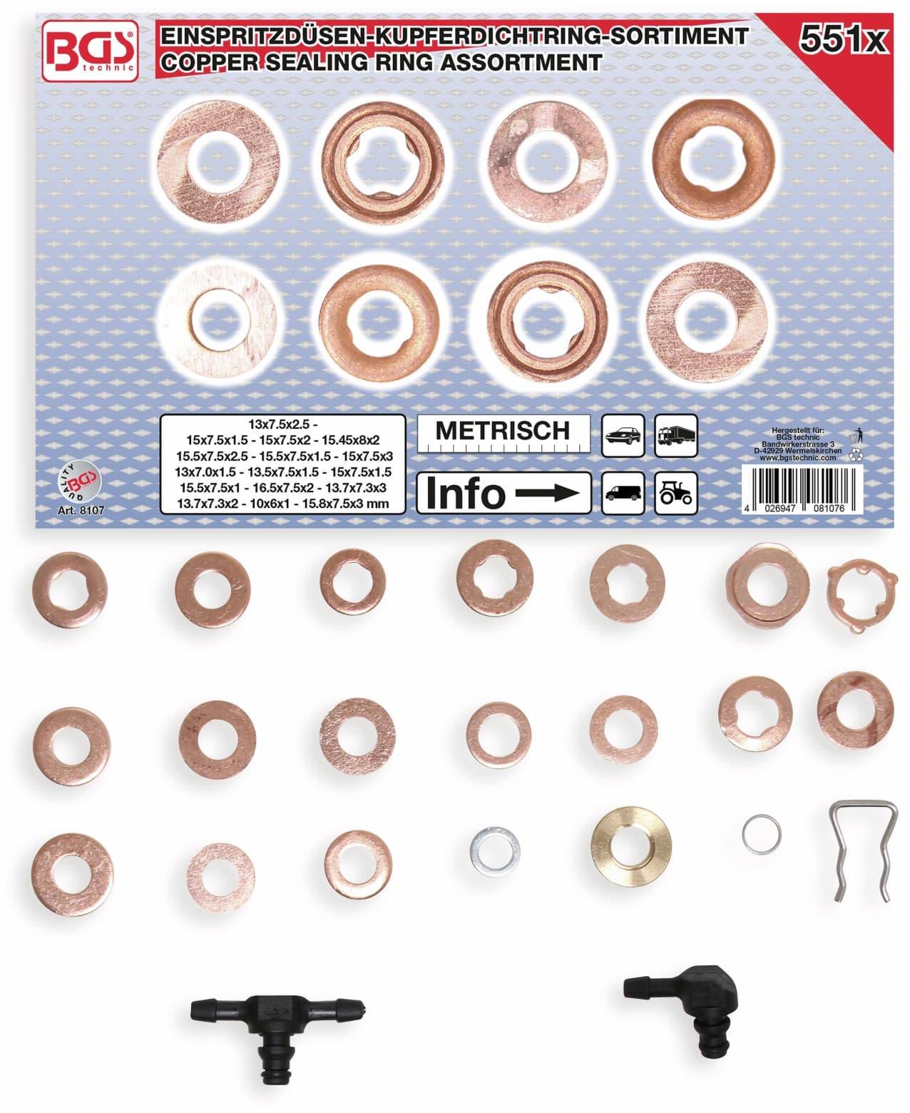 BGS TECHNIC Sort. Kupferdichtring, 8107, für Einspritzdüsen, 551-tlg