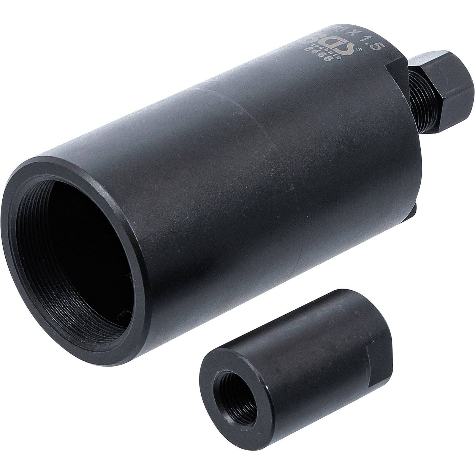 Ein Werkzeugkomponentensatz umfasst einen schwarzen zylindrischen Adapter und ein kleineres schwarzes Verbindungsstück, das für mechanische Anwendungen konzipiert ist.