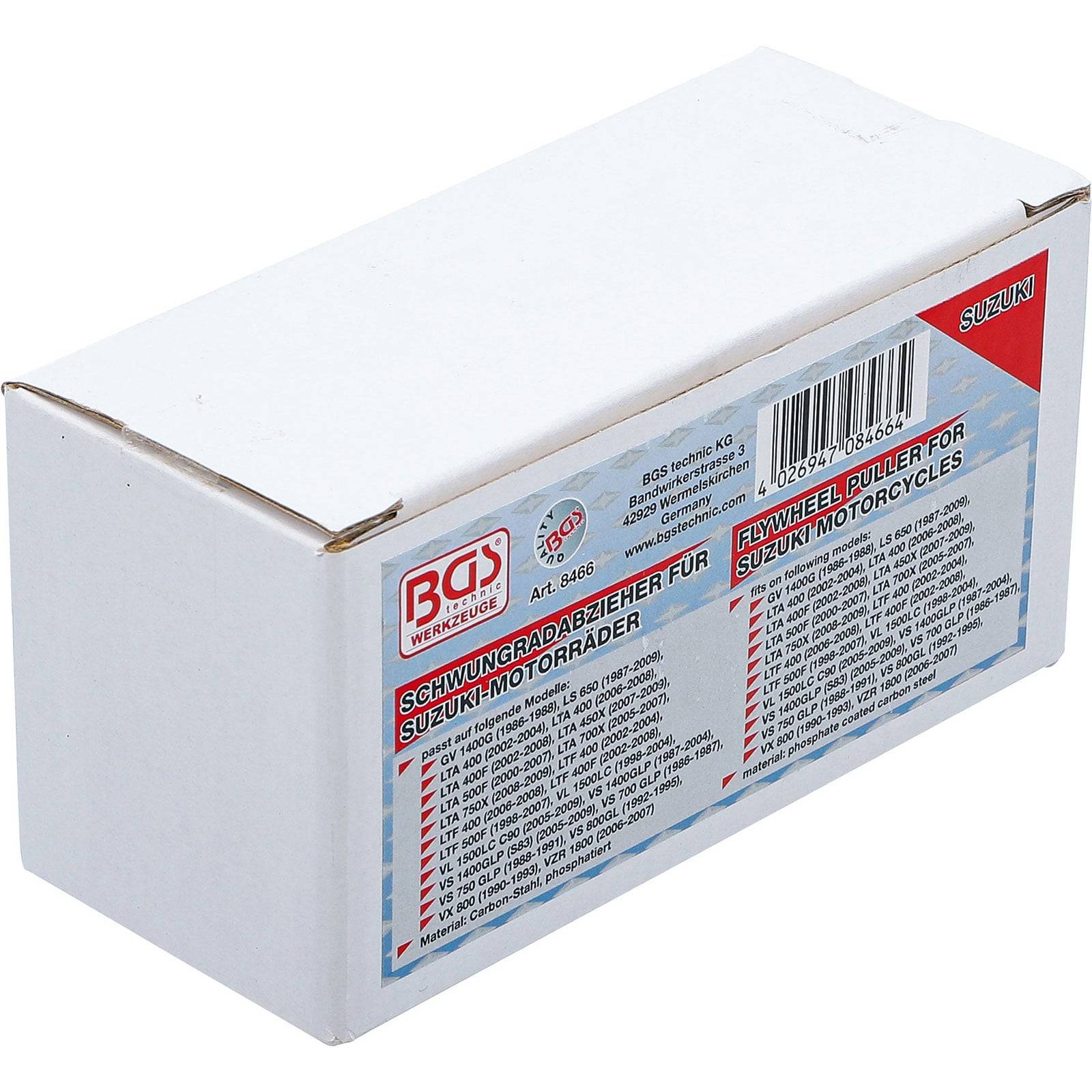 Karton mit der Beschriftung 'BGS' und 'SUZUKI', der einen Schwungradabzieher für Suzuki-Motorräder enthält. Enthält Produkt- und Verwendungsinformationen.