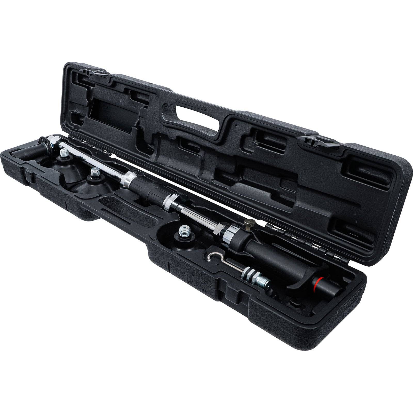 Ein schwarzer Transportkoffer, der ein langes zylindrisches Werkzeug mit Griffen und Zubehör enthält, das einem Wagenheber oder mechanischen Gerät ähnelt.