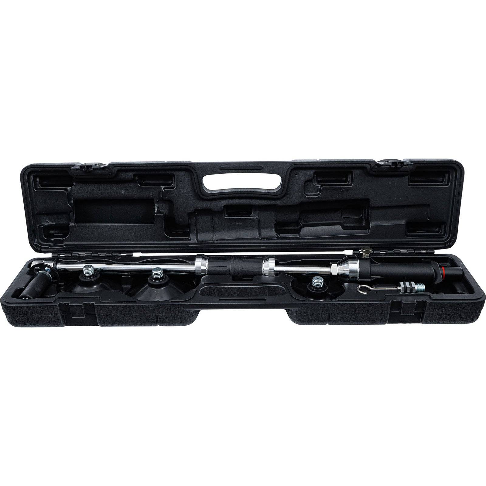 Eine schwarze, harte Plastikbox, die einen Drehmomentschlüssel und mehrere Steckschlüssel-Aufsätze enthält, die zum Anziehen von Schrauben auf bestimmte Drehmomentwerte verwendet werden.