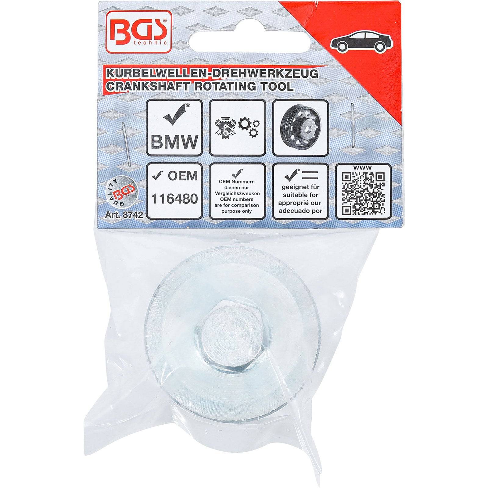 Ein Kurbelwellendrehwerkzeug mit BMW-Kennzeichnung, mit der Teilenummer 116480, dargestellt in der Verpackung.