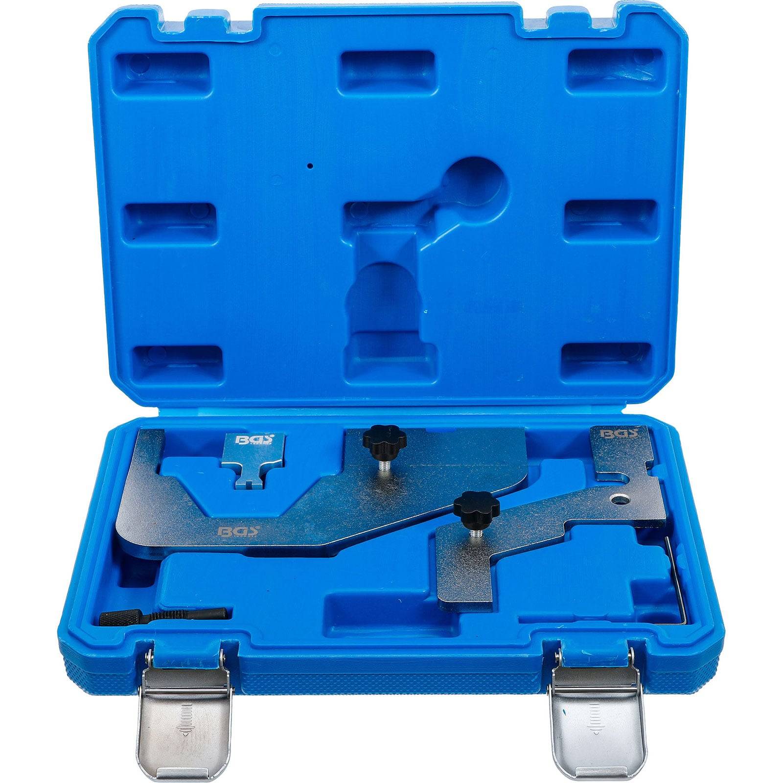 Ein blauer Werkzeugkoffer, der einen Zahnriemspanner und einen Ausrichtwerkzeugsatz enthält, mit präzise eingepassten Metallkomponenten.