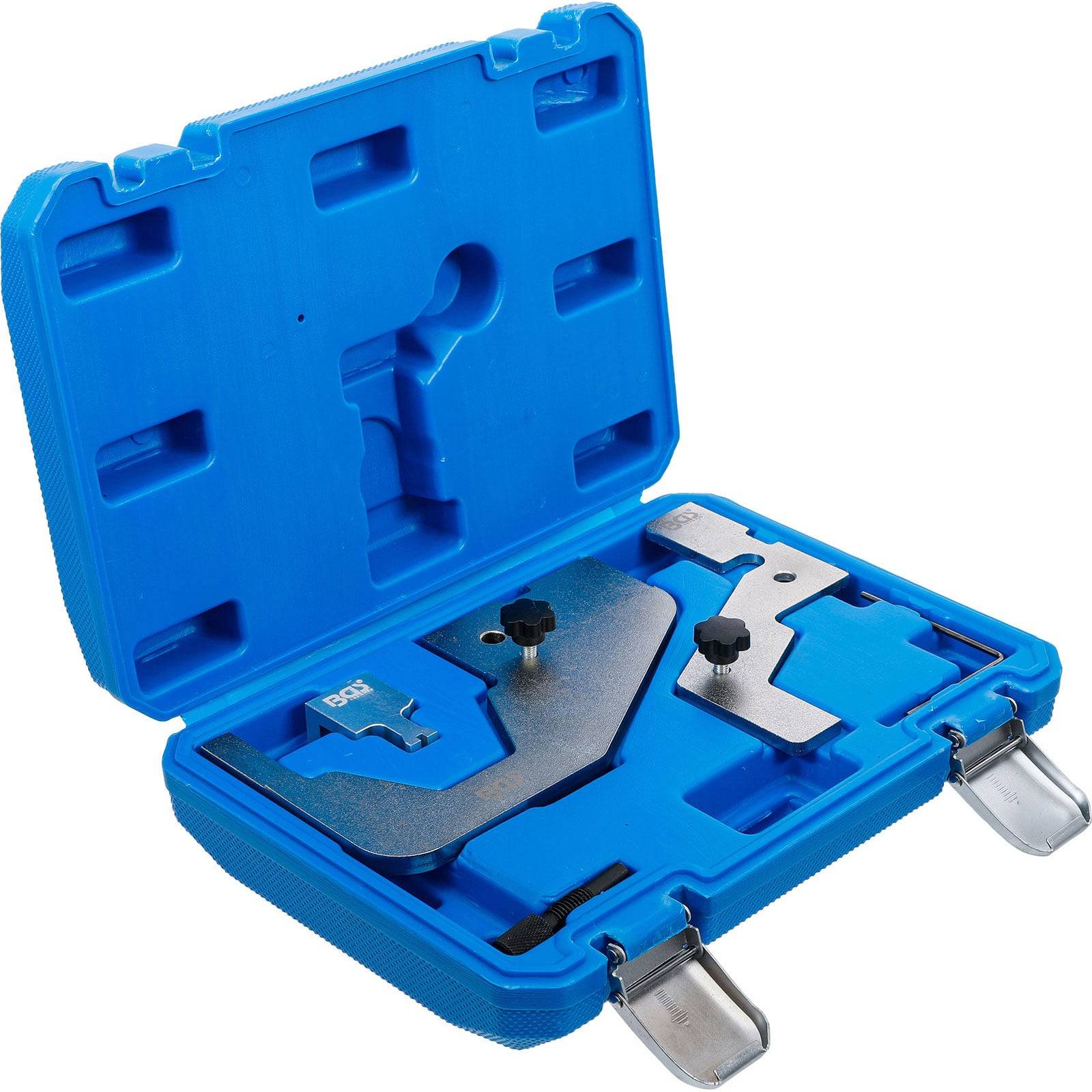 Eine blaue Plastikbox, die präzise Metallausrichtungswerkzeuge in maßgeschneiderten Schlitzen enthält, die für technische Einstellungen oder Reparaturen verwendet werden.