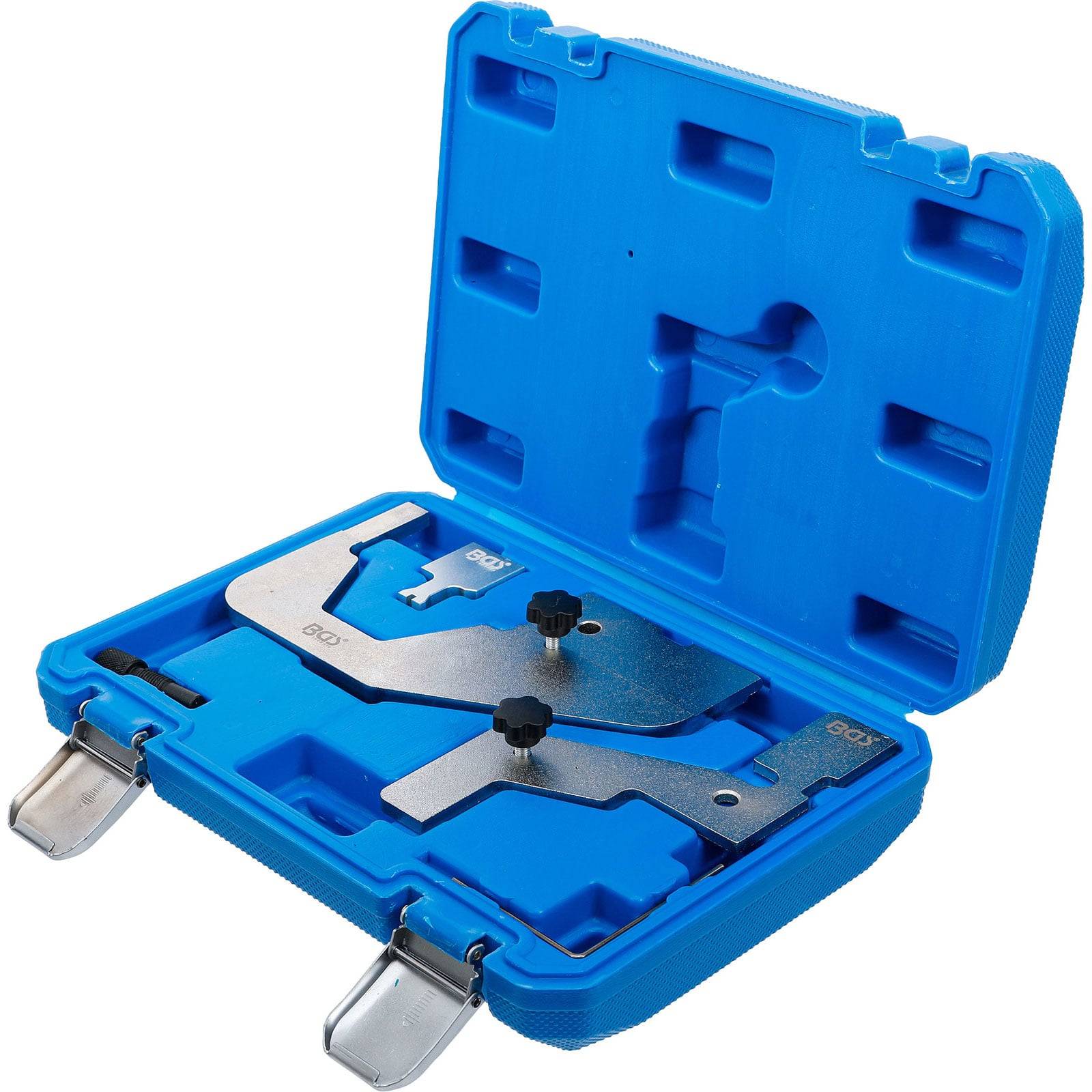 Blauer Kunststoffkoffer mit zwei metallenen Montagewerkzeugen, die im Inneren befestigt sind und zur Ausrichtung von Motorkomponenten während der Wartung verwendet werden.