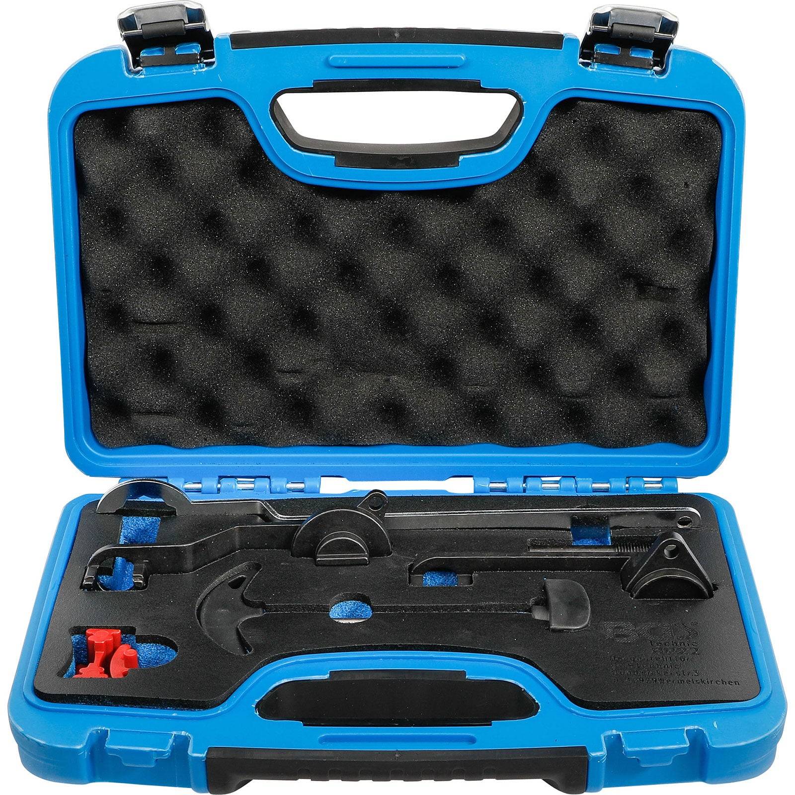 Ein blauer Plastikkoffer, der mehrere schwarze Werkzeuge auf Schaumstoffpolsterung enthält, verwendet für die Fahrradreparatur.