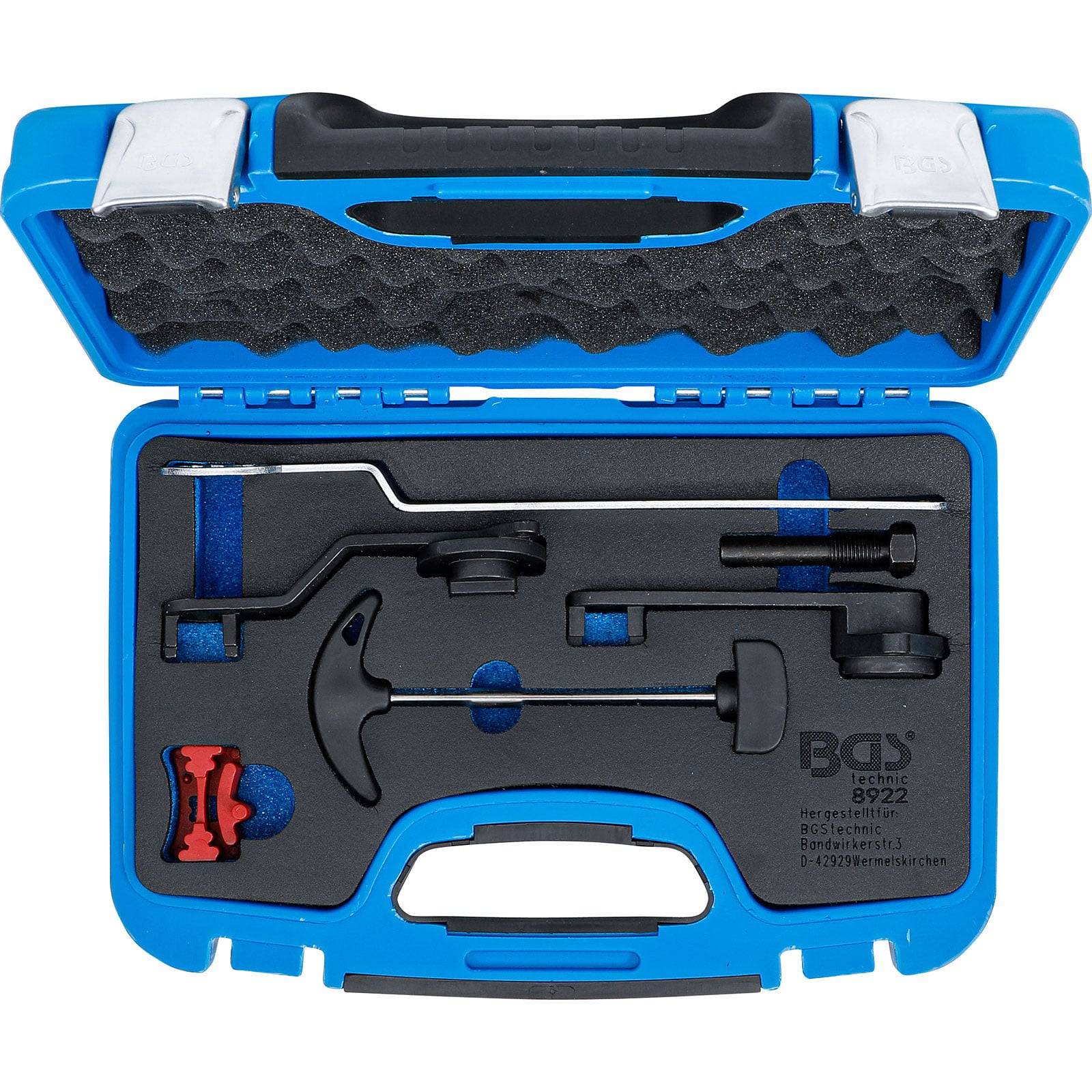 Werkzeugset in einem blauen Koffer, bestehend aus verschiedenen Metallwerkzeugen mit schwarzen Griffen, ordentlich in einer Schaumstoffeinlage angeordnet.