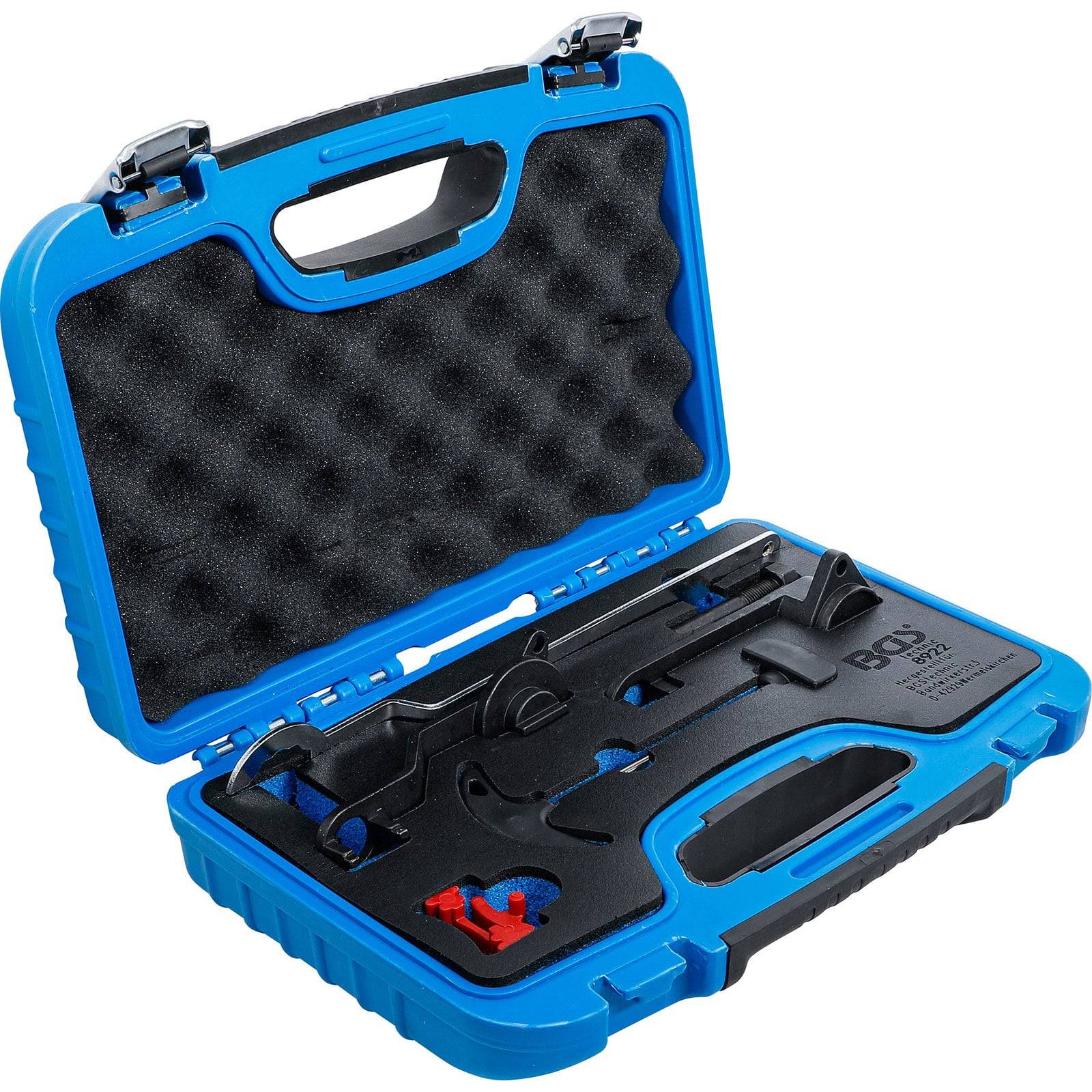 Offener blauer Werkzeugkoffer mit verschiedenen Werkzeugen und Zubehörteilen, die sicher in schwarzem Schaumstoff verstaut sind.