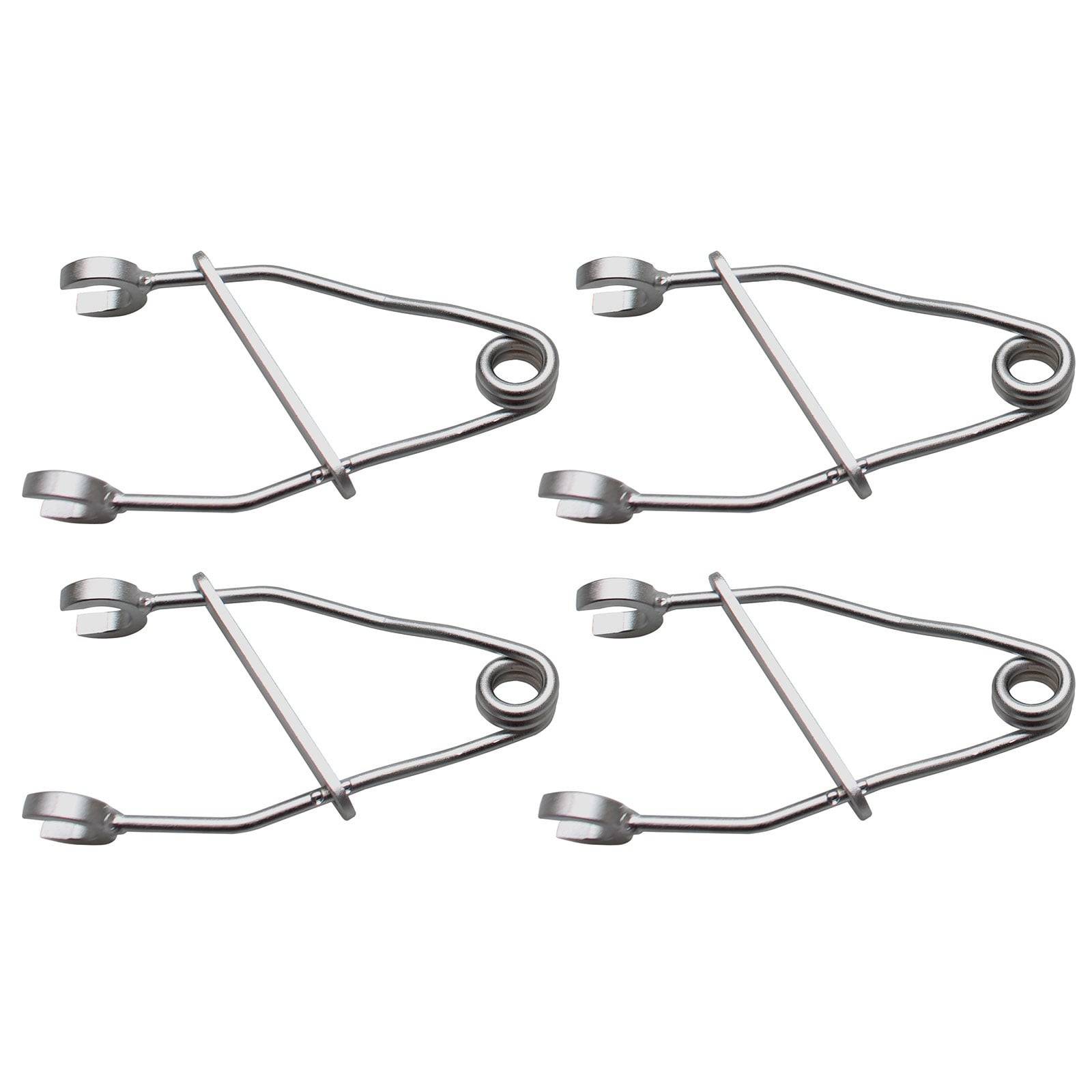 Vier Wäscheklammern aus Stahl mit Federmechanismus, jede mit einer Schlaufengriff und einem Klemmmechanismus, in zwei Reihen auf einem weißen Hintergrund angeordnet.