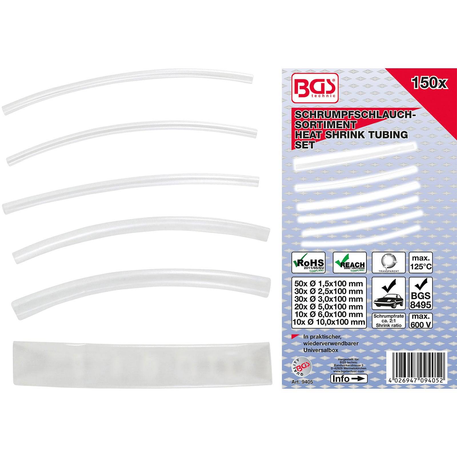 BGS-markierte Verpackung mit einem Schrumpfschlauch-Set in verschiedenen Größen und einer maximalen Hitzebeständigkeit von 125°C.