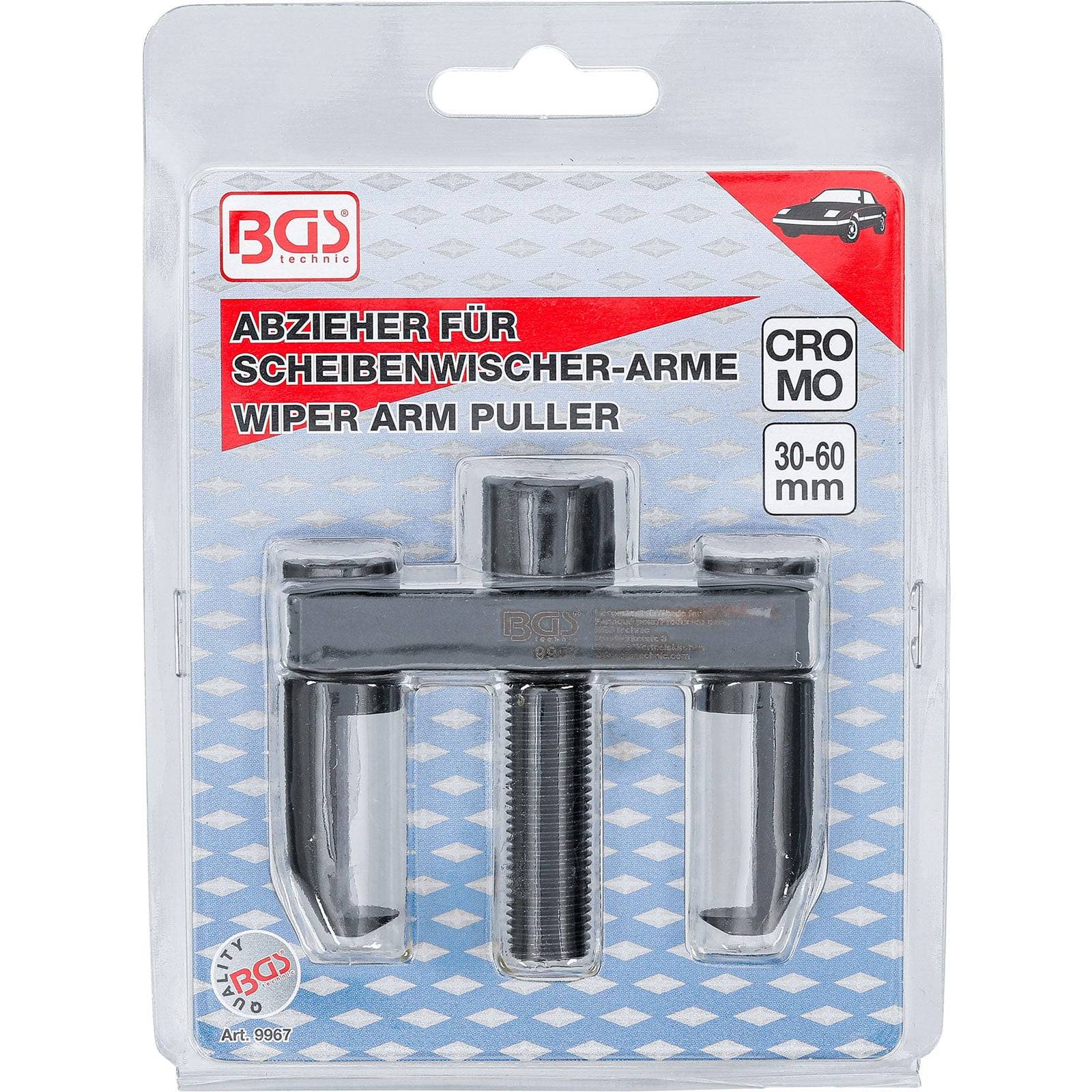 Wischer-Armabzieher, 30-60 mm' verpacktes Werkzeug in einem durchsichtigen Behälter mit Markenlogos und mehrsprachigem Text, entwickelt für die Autowartung.