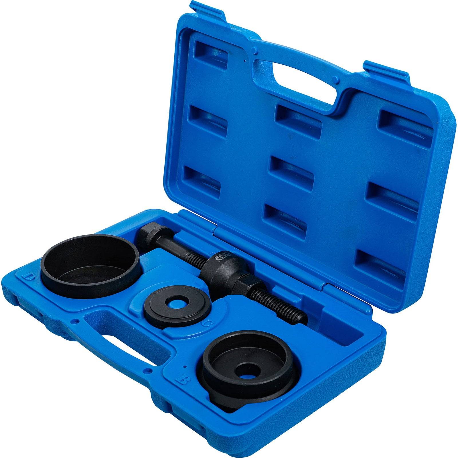 Eine blaue Kunststoffbox, die einen Satz Federbein-Werkzeuge enthält, bestehend aus verschiedenen Größen schwarzer Metallkomponenten für Montage und Reparatur.