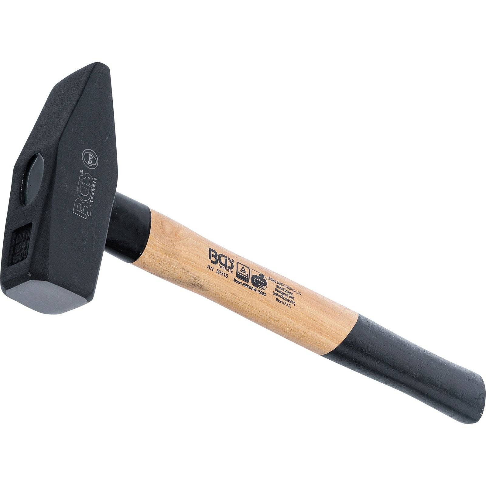 Ein Schmiedehammer mit einem schwarzen Kopf und einem Holzgriff, mit Branding und Spezifikationen, die auf dem Schaftbedruckt sind.
