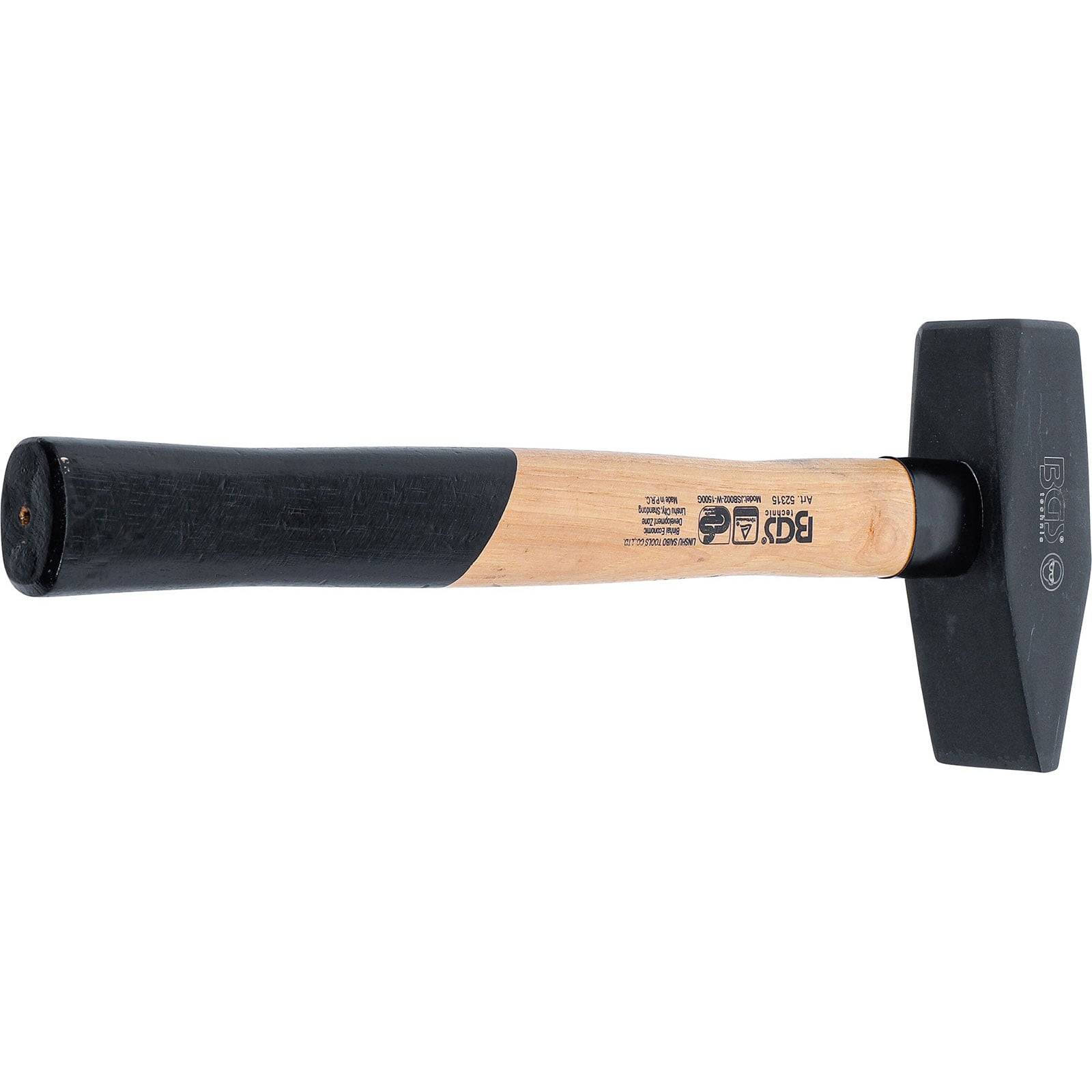 Ein Hammer mit einem Holzgriff und schwarzem Gummigriff, versehen mit Sicherheits- und Qualitätssymbolen am Griff. Geeignet für Bauarbeiten.