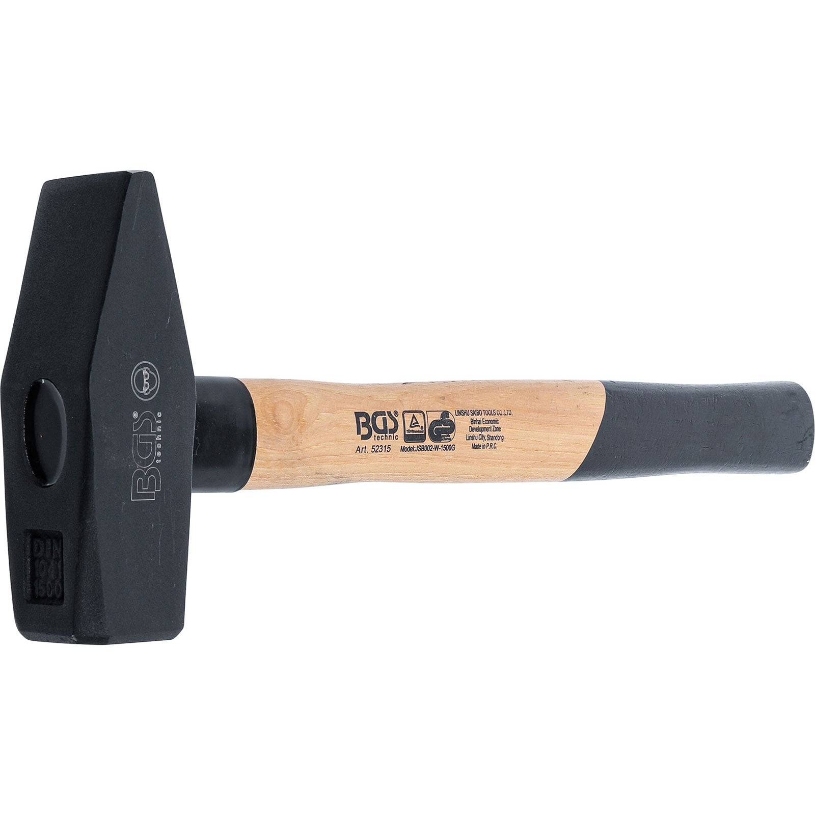 Ein schwarzer, flachköpfiger Hammer mit einem Holzgriff, versehen mit Markierungen und Sicherheitssymbolen, der für Bau- oder Reparaturarbeiten vorgesehen ist.