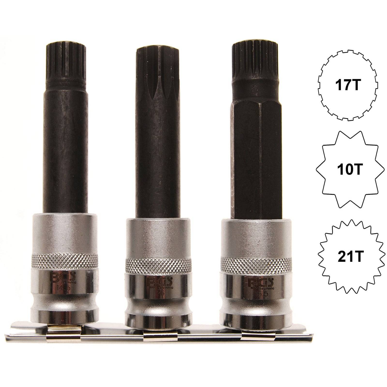 „Drei schwarze Steckschlüssel unterschiedlicher Größen, beschriftet mit 17T, 10T und 21T, verwendet für spezifische Befestigungsanwendungen.