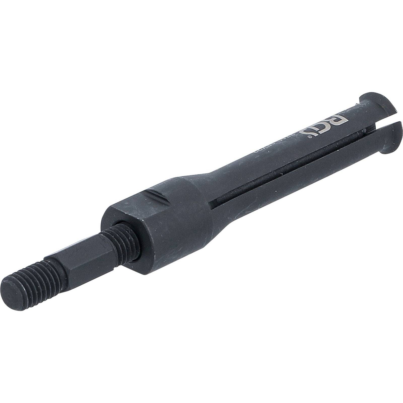 Ein zylindrischer schwarzer Werkzeug mit einer Gewindestange, die von einem Ende herausragt, und einem breiteren flachen Abschnitt auf der anderen Seite mit Schlitzen.