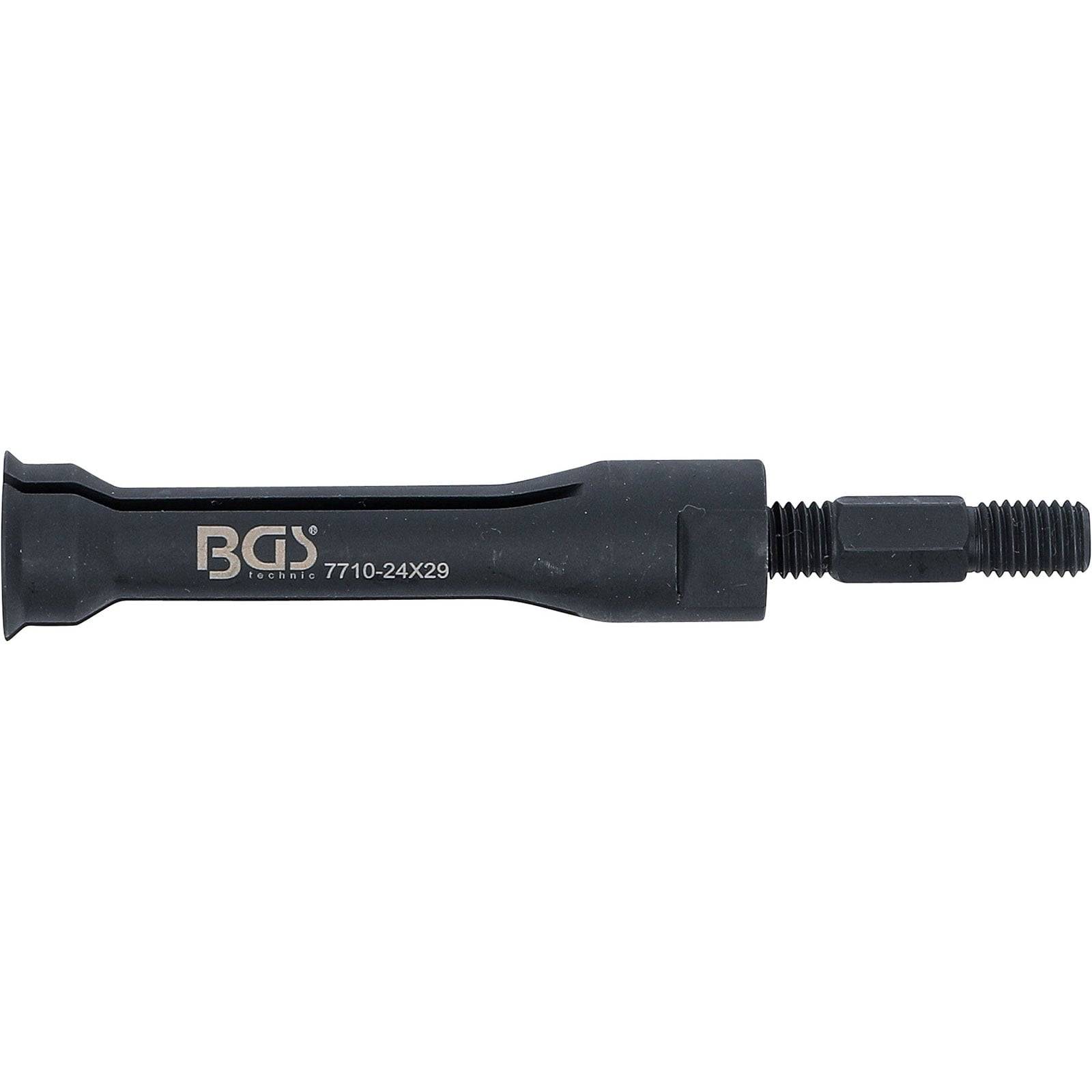 Ein schwarzes Metalltool mit einem zylindrischen Körper, gekennzeichnet mit 'BGS 7710-24x29', mit Gewindeanschlüssen und einem sechseckigen Segment zum Festziehen.