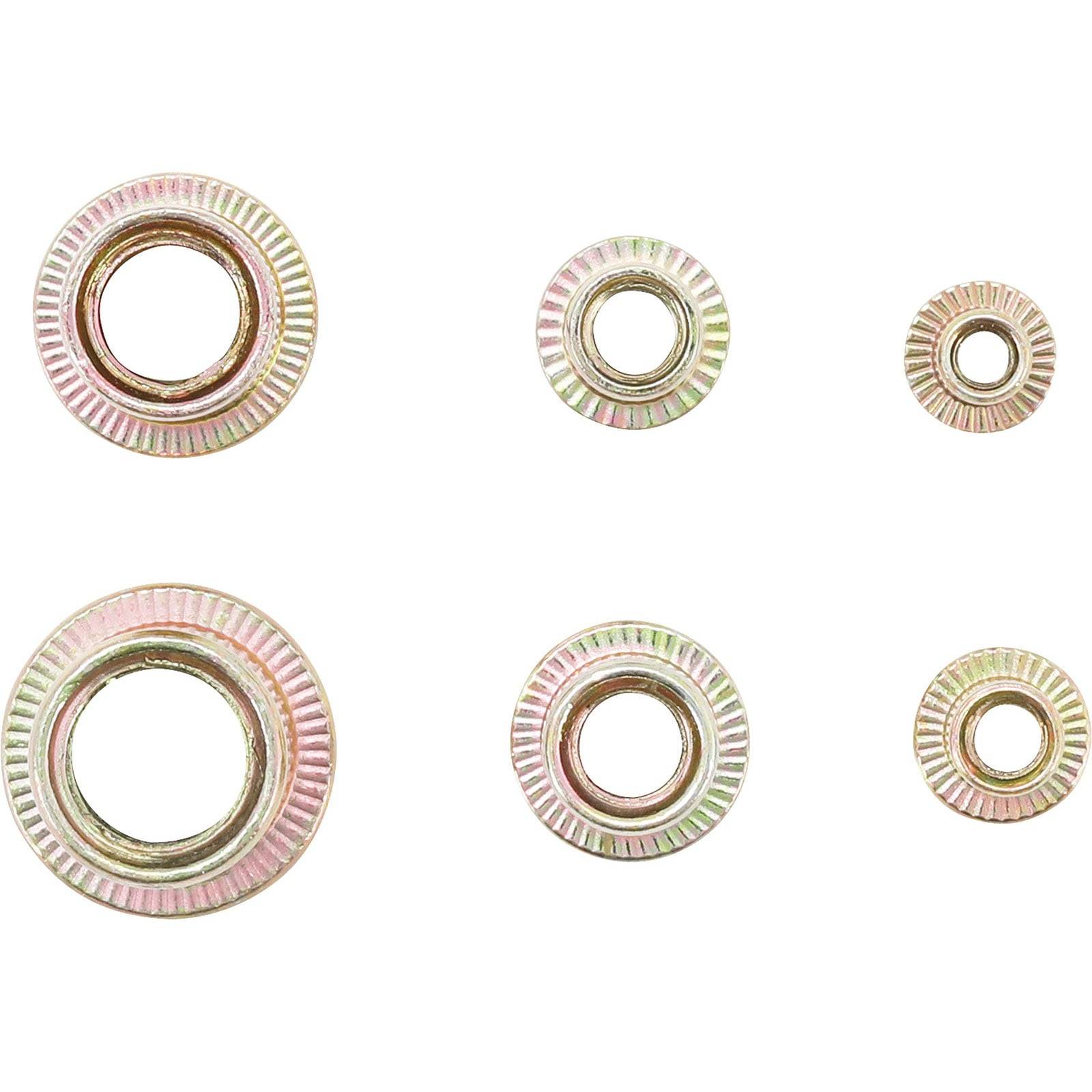 Satz von sechs unterschiedlich großen gezackten Unterlegscheiben, die in zwei Reihen auf einem weißen Hintergrund angeordnet sind.