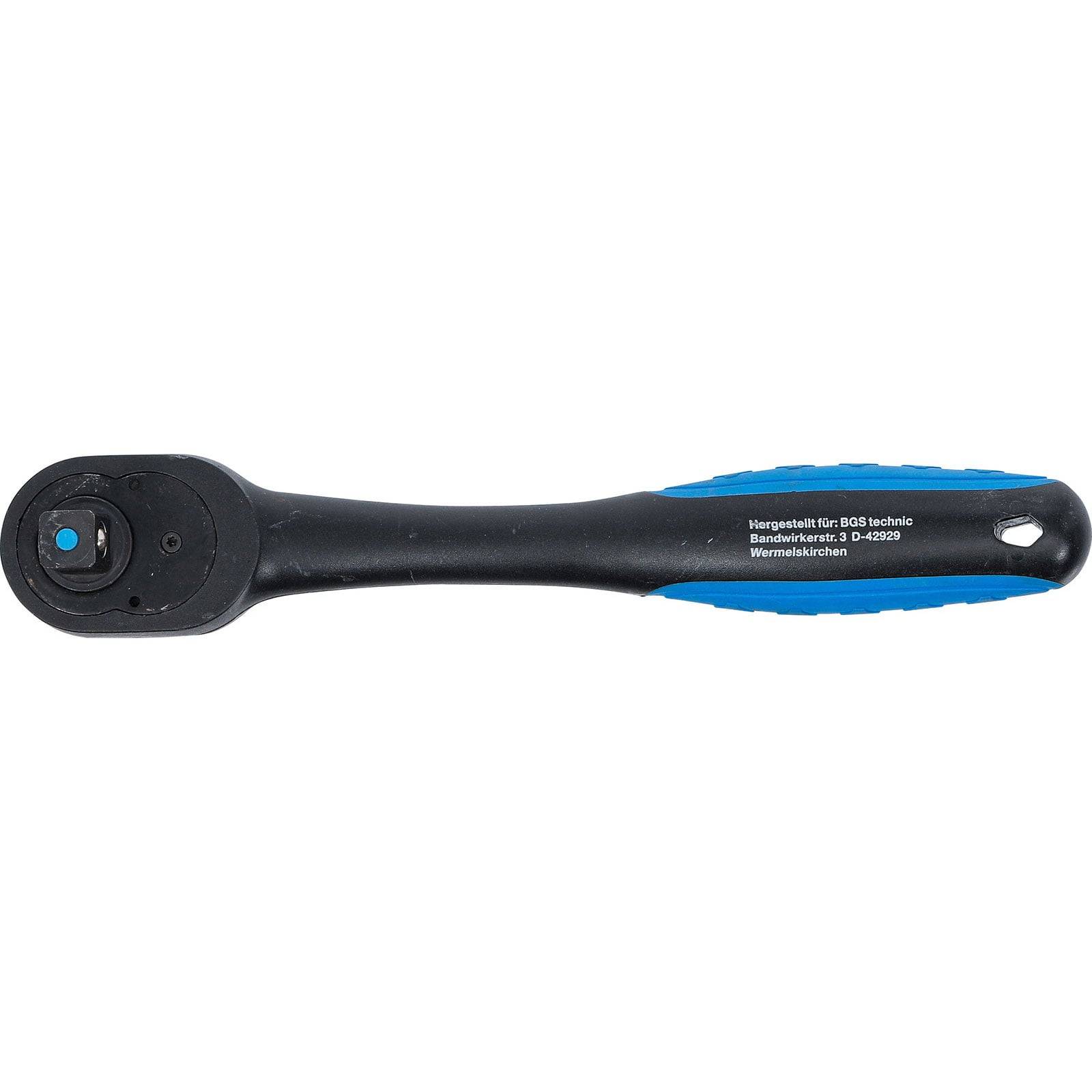 Ein schwarzer und blauer Knarrenschlüssel mit quadratischem Antriebskopf, ausgestattet mit einem komfortablen ergonomischen Griff, der für leichtes Handling konzipiert ist.