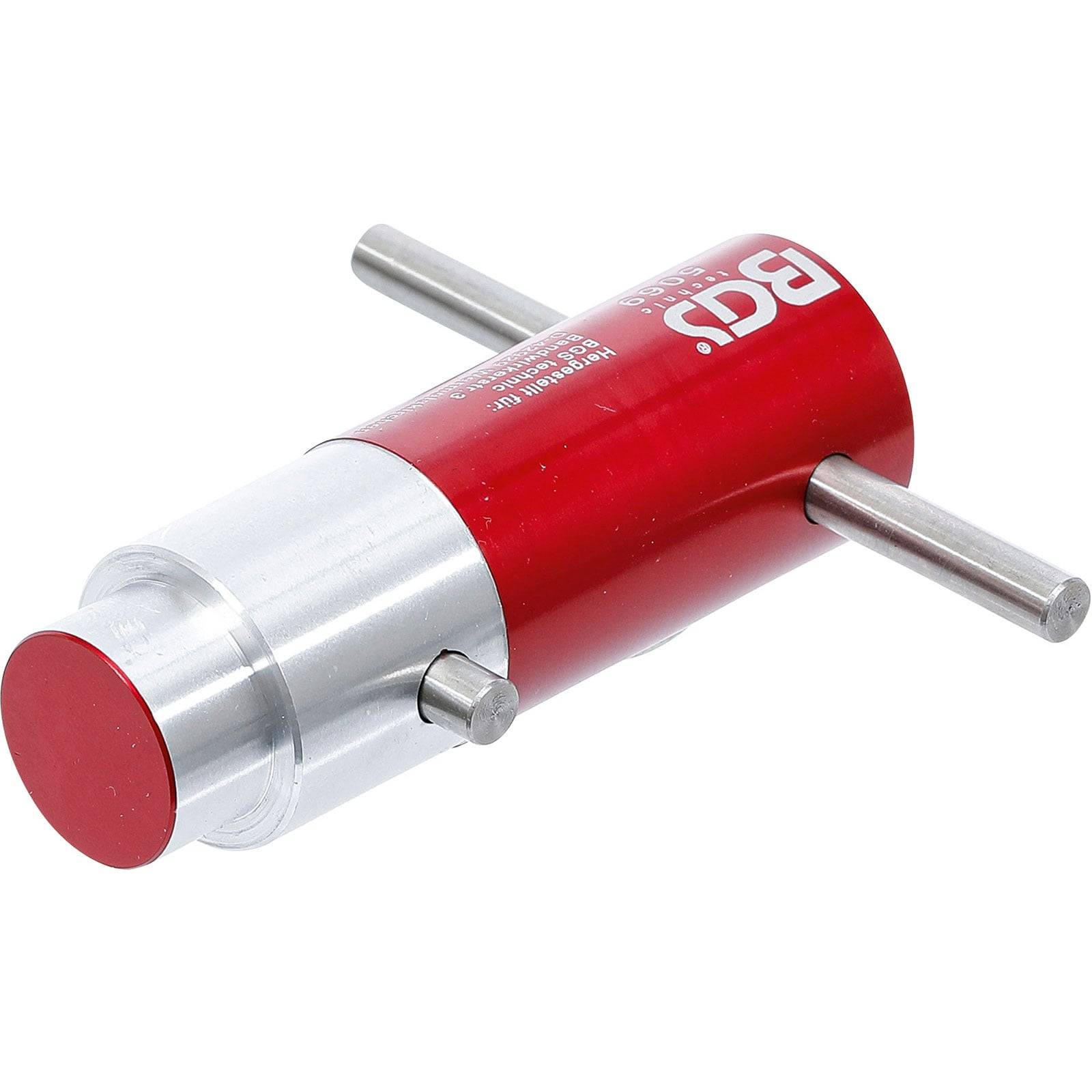 Ein rotes Werkzeug mit zylindrischer Form, ausgestattet mit einem T-Griff und silbernen Akzenten. Wird zum Drehen oder Justieren von Ausrüstung verwendet.