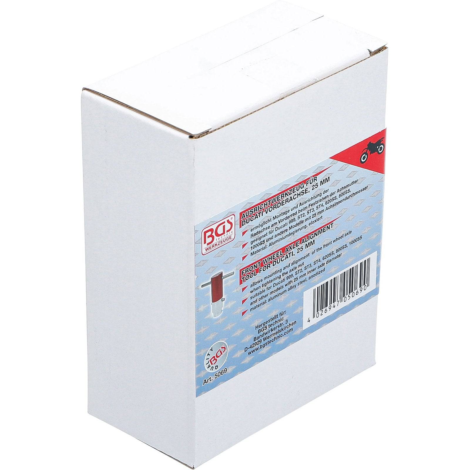 Eine weiße Schachtel mit der Aufschrift 'BGS', auf deren Seite Produktinformationen, einschließlich Abmessungen und Barcodes, gedruckt sind.