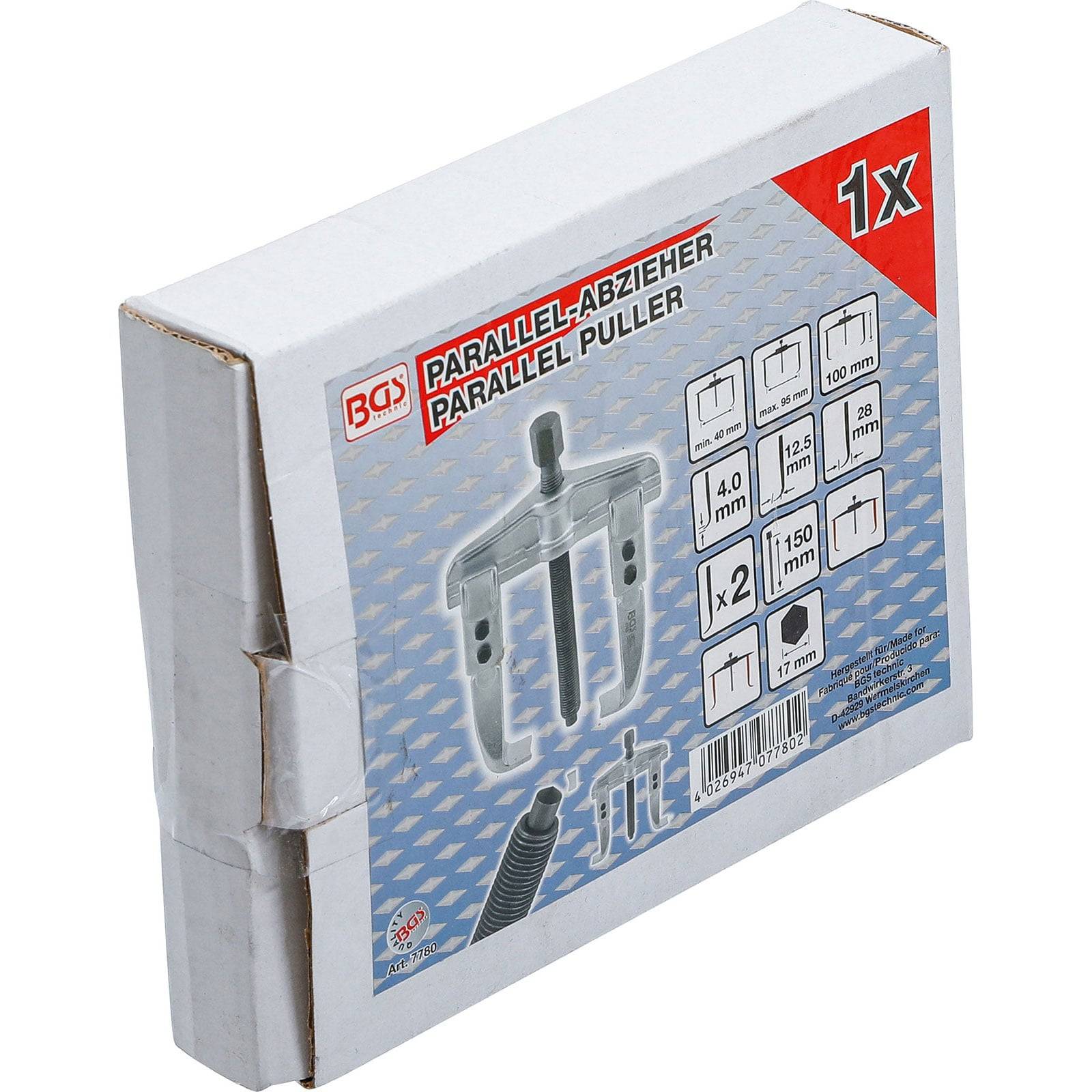 Verpackung eines Parallelausziehwerkzeugs mit verschiedenen Größen und Spezifikationen auf der Vorderseite.