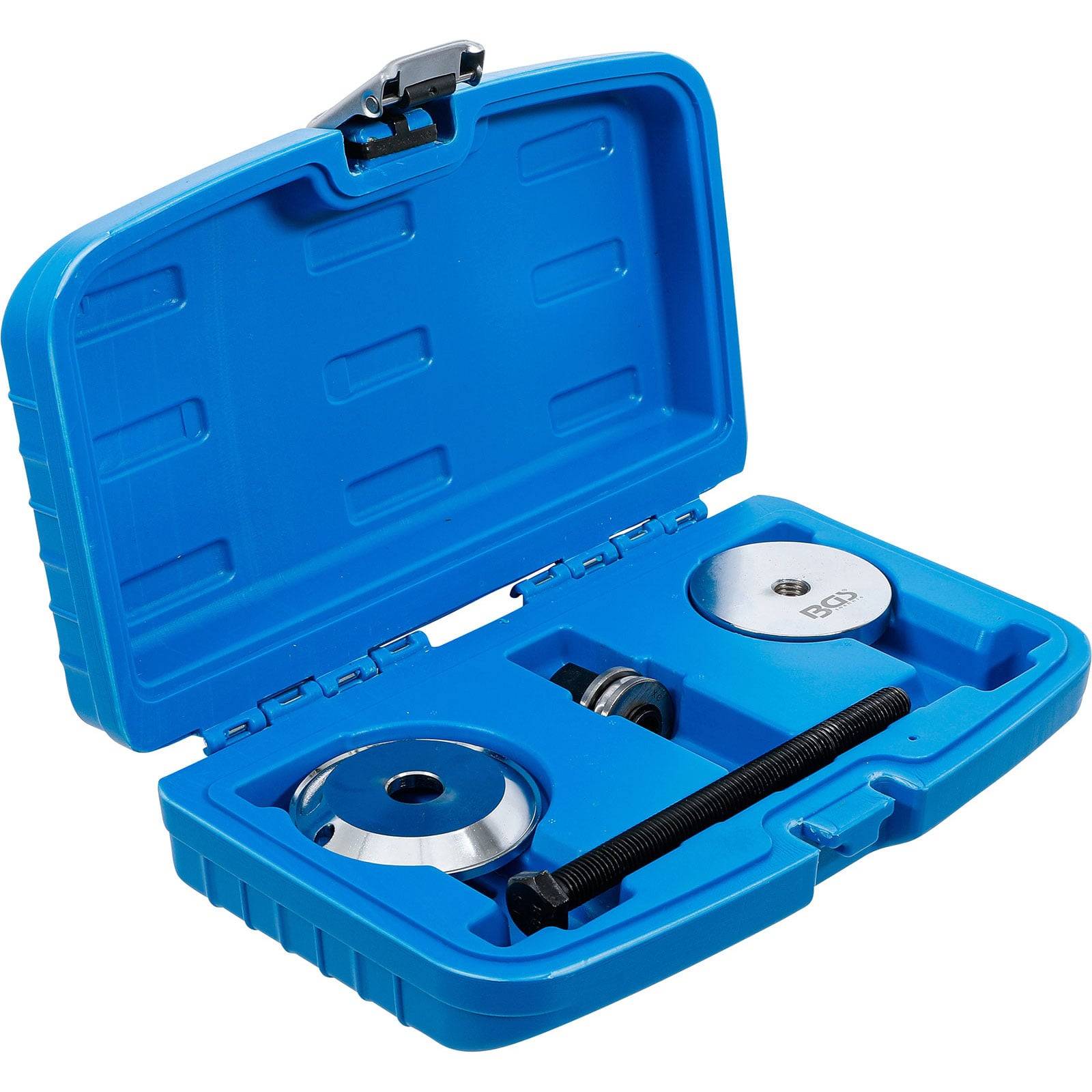 Blauer Plastikkoffer mit einem silbernen Autoreparaturset, bestehend aus zwei runden Metallkomponenten und einem langen schwarzen Griff, verwendet für Wagenwartung.