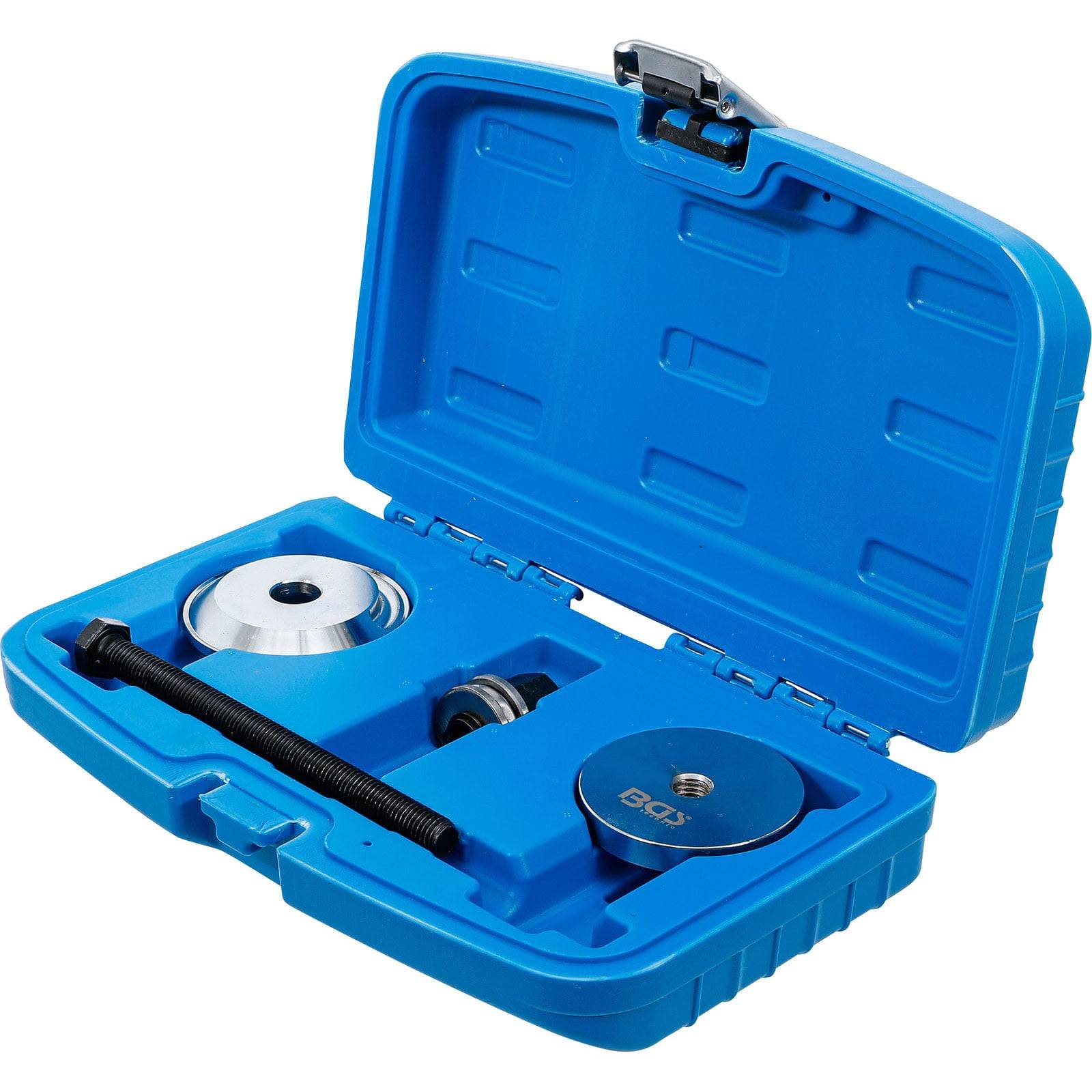 Eine blaue Kunststoffbox mit einem Satz von Autowerkzeugen, darunter eine Metallschraube und runde Komponenten im Inneren.