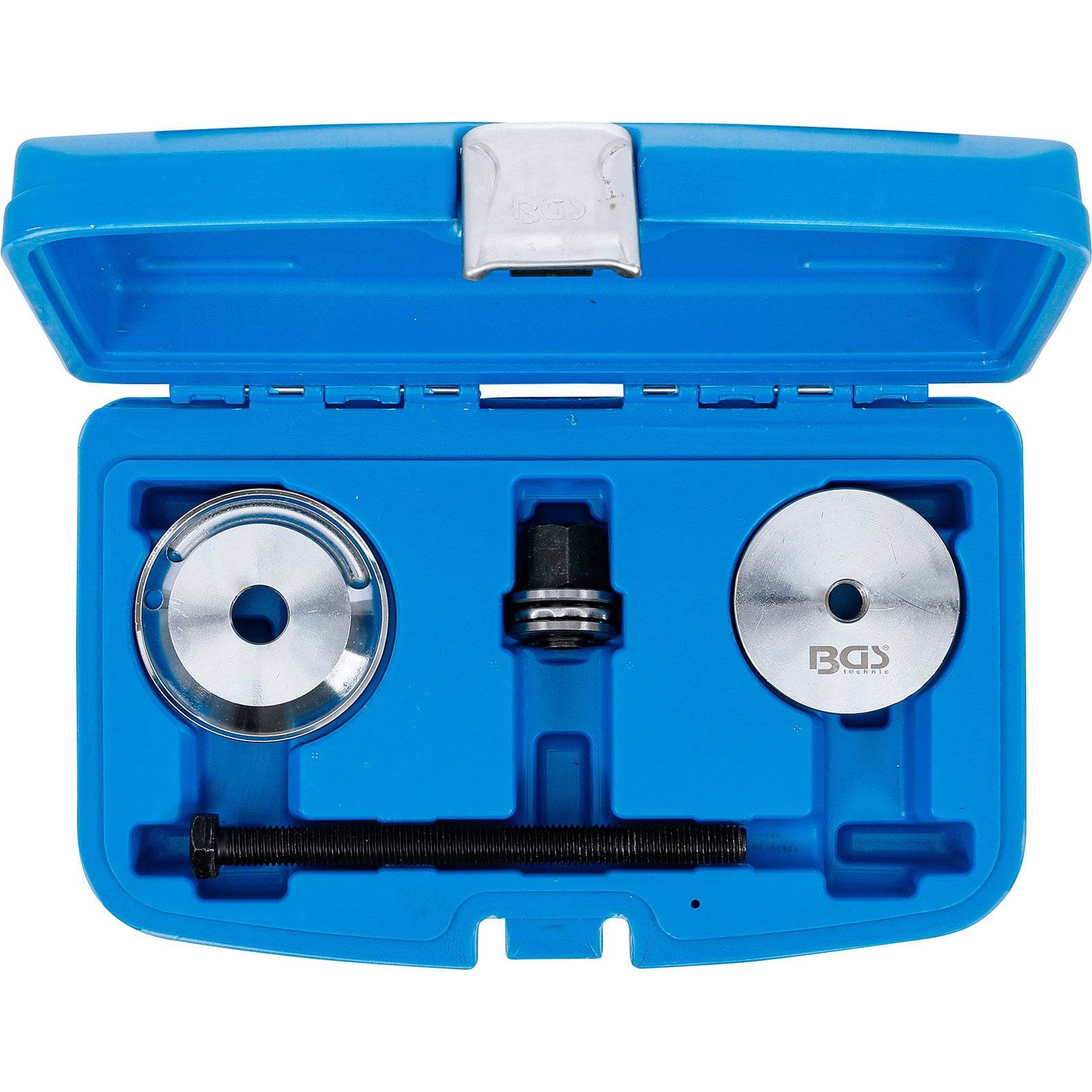 „Ein blauer Kunststoffkoffer, der zwei Metallscheiben, einen Bolzen und eine Werkzeugkomponente enthält, organisiert für mechanische oder automotive Verwendung.