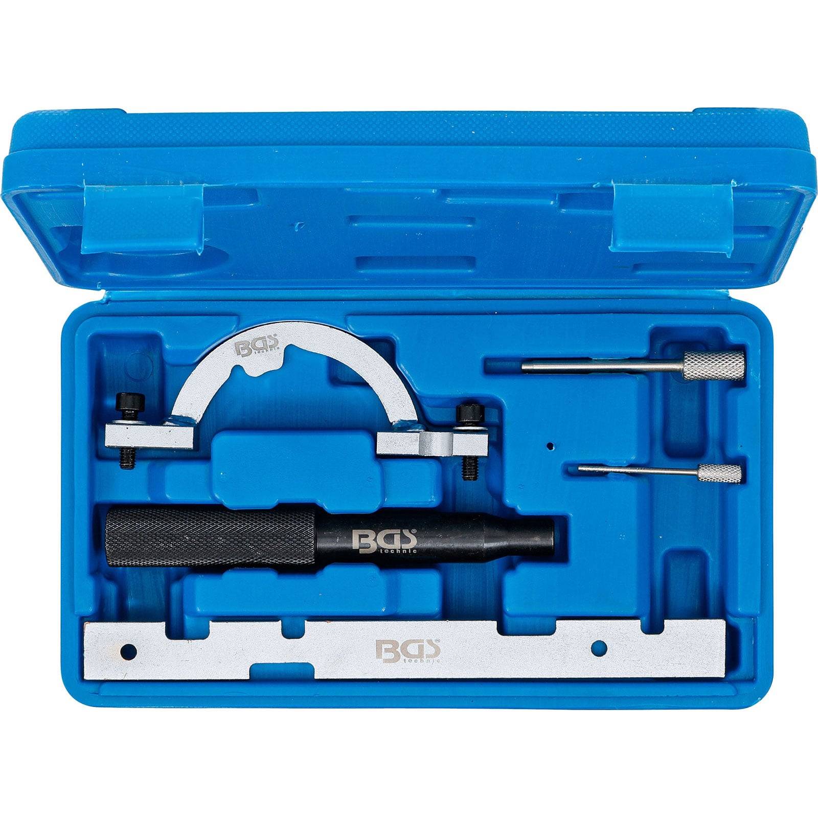 Ein blauer Werkzeugkoffer, der verschiedene metallene Motorzeiteinstellungswerkzeuge enthält, einschließlich einer Halterung, einer Stange und anderer Komponenten für die Motenwartung.