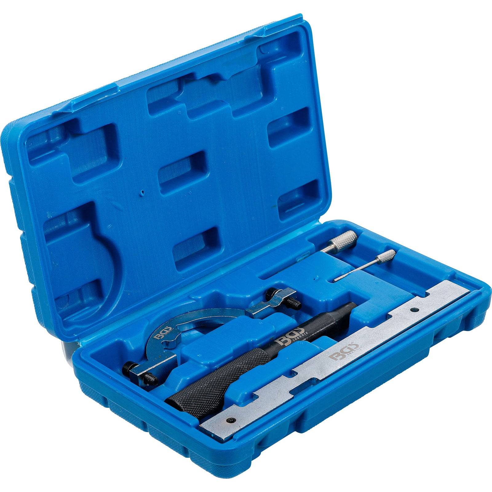 Eine blaue Plastikbox, die einen Kettennieter mit Griff und zusätzlichen Werkzeuganbauteilen enthält, der für die Fahrradwartung entwickelt wurde.