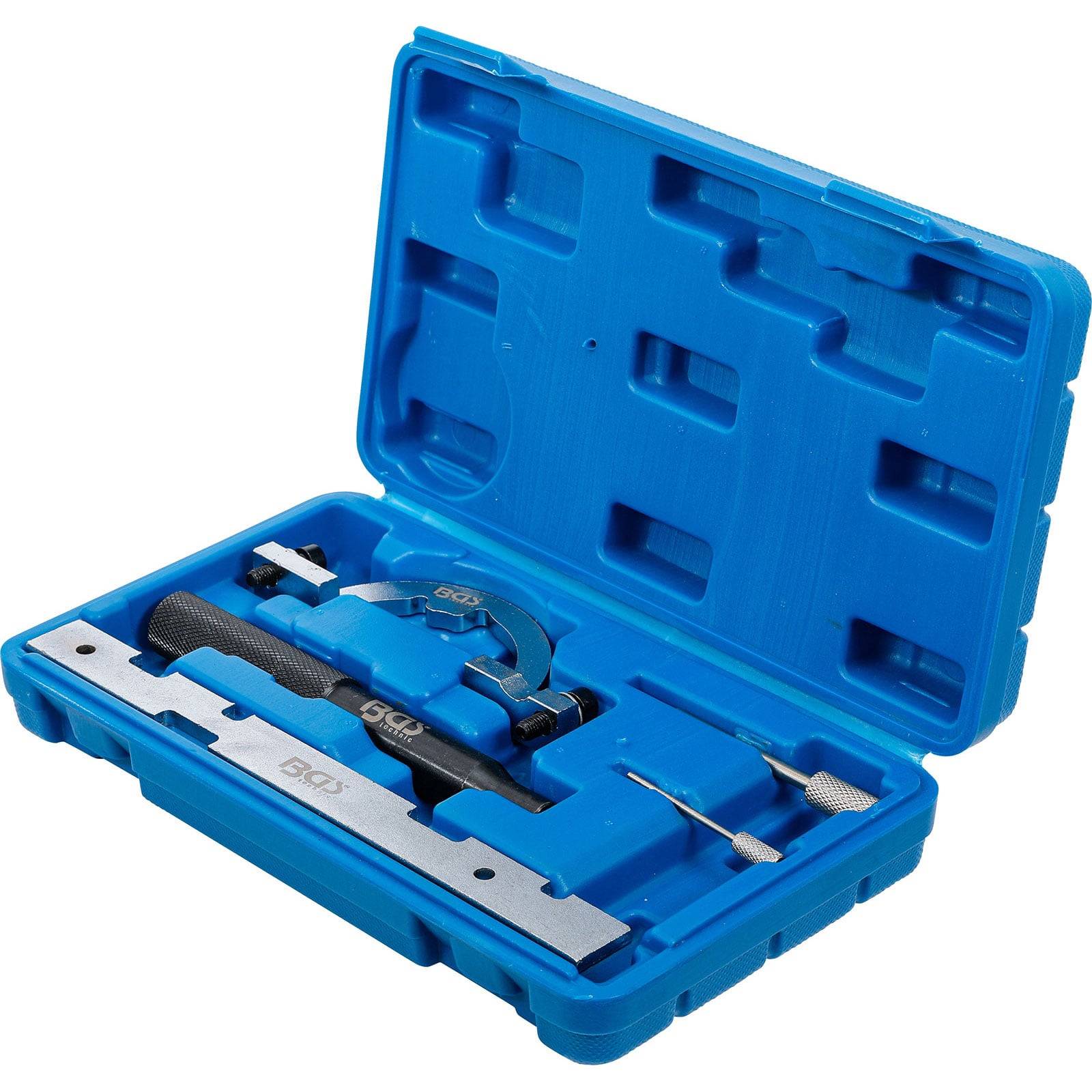 Eine blaue Kunststoff-Transportbox, die geöffnet ist und einen Nockenwellenarretierungswerkzeugsatz mit Metallwerkzeugen und einem strukturierten Griff im Inneren offenbart.