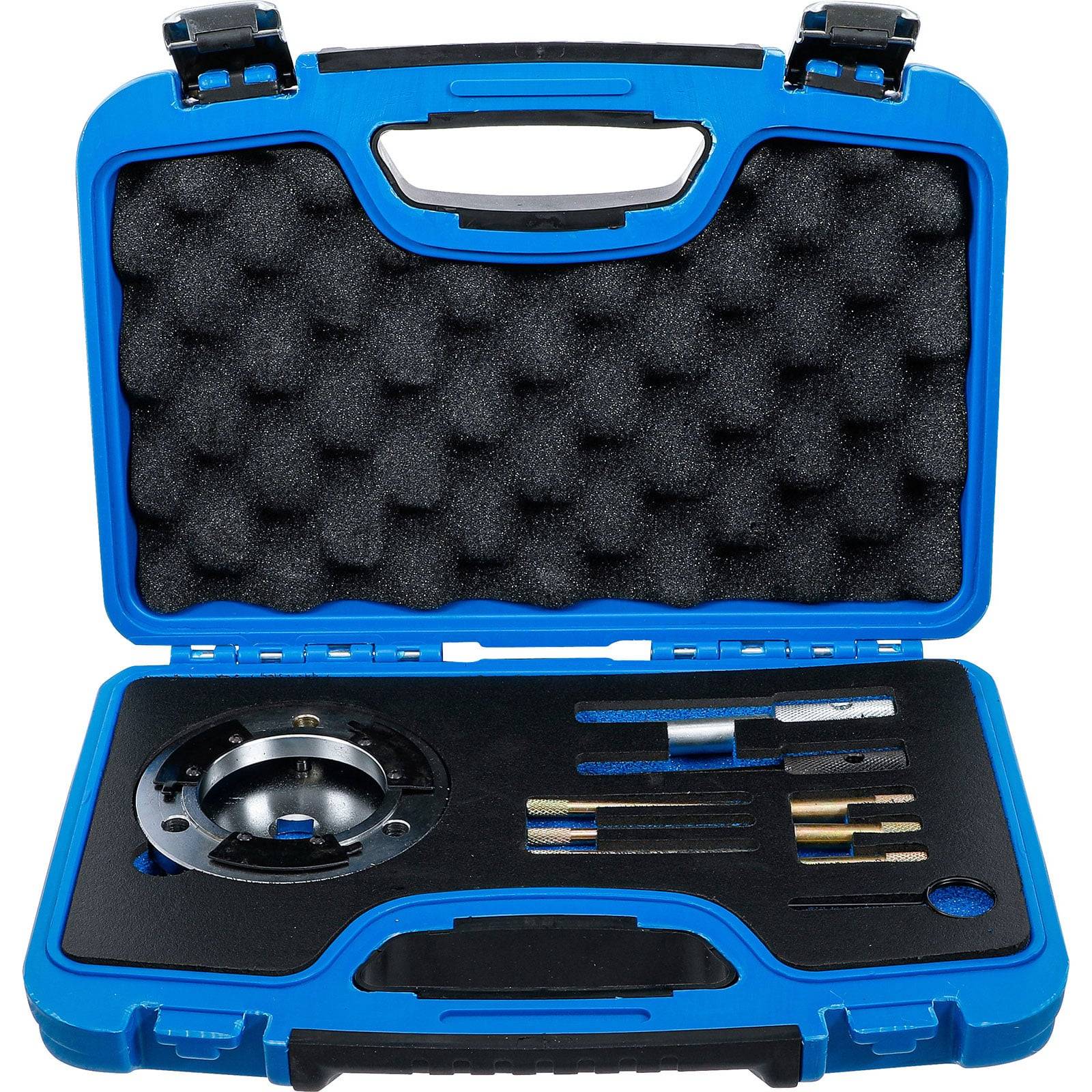 Ein blauer Plastikkoffer mit Schaumstoffpolsterung enthält Präzisionswerkzeuge, darunter eine kreisförmige Komponente und verschiedene Metallstangen, die im Inneren ordentlich sortiert sind.