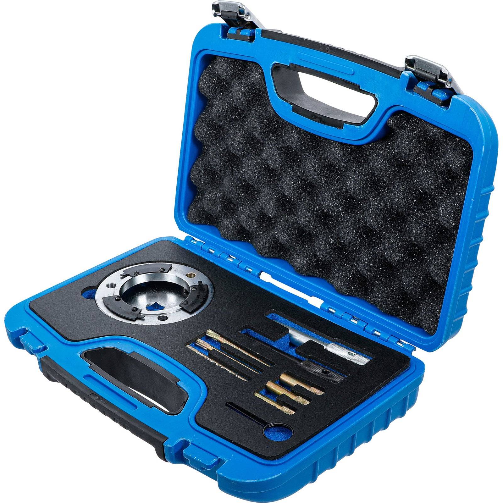 Blauer Plastikwerkzeugkoffer mit Schaumstoffeinsatz, der Präzisionsmeßschieber, ein rundes Metallstück und organisierte Werkzeugfächer enthält.