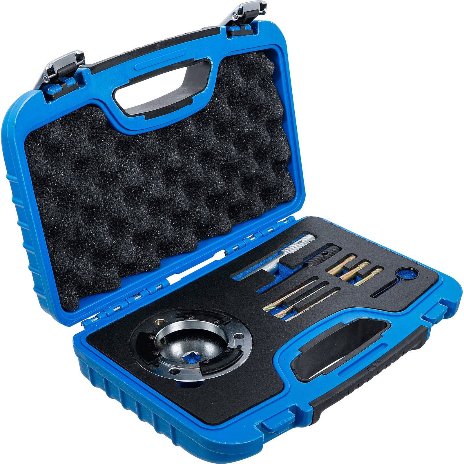 Ein blauer Koffer mit Präzisionswerkzeugen, einschließlich Bohrern und eines kreisförmigen Metallteils, in benutzerdefinierten Schaumstoffhalterungen zur Schutz und Organisation.