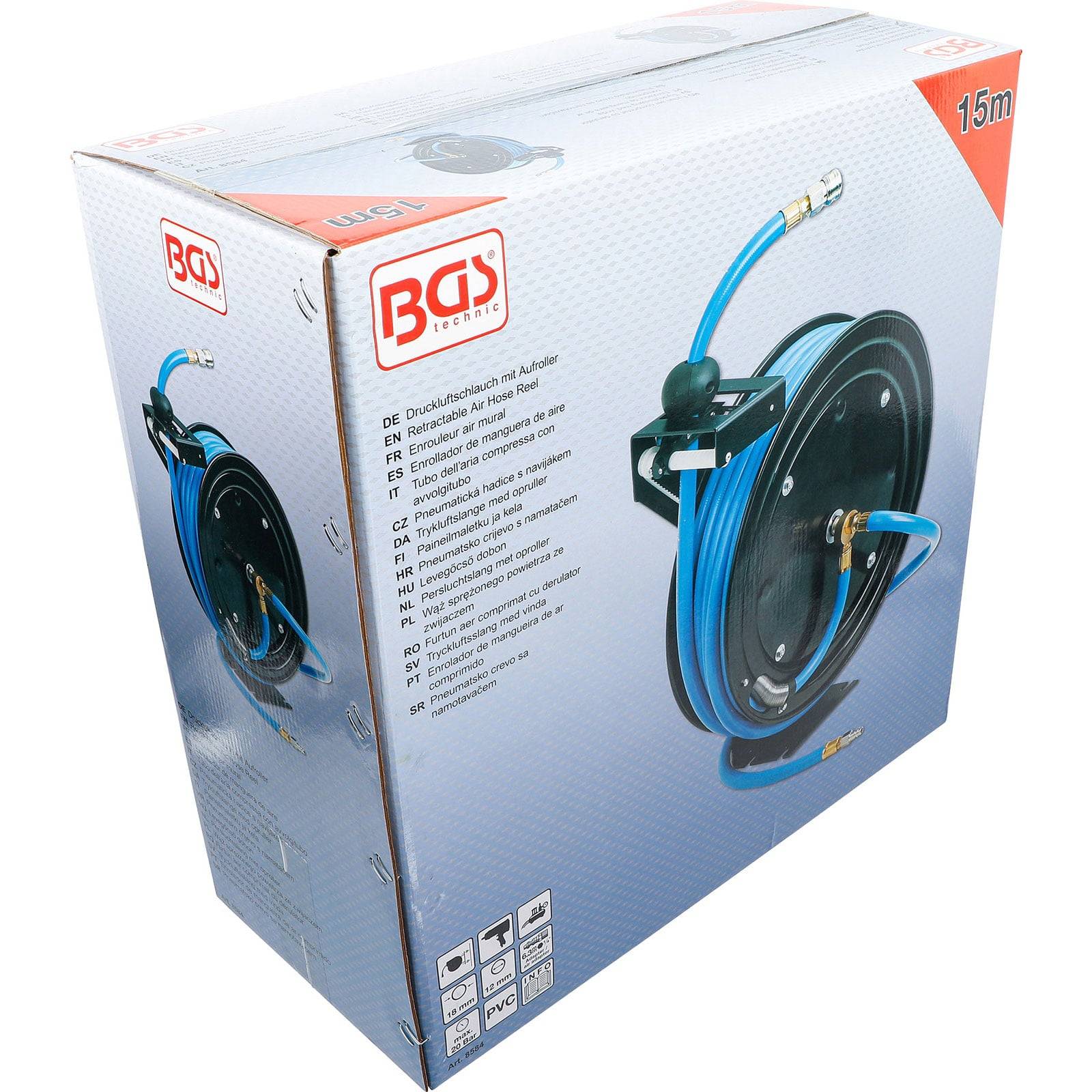 Eine Schachtel, die eine BGS-Marken-Automatik-Luftschlauchrolle mit 15 m Länge zeigt, mit einem blauen Schlauch und sichtbaren Anbauteilen auf der Verpackung.