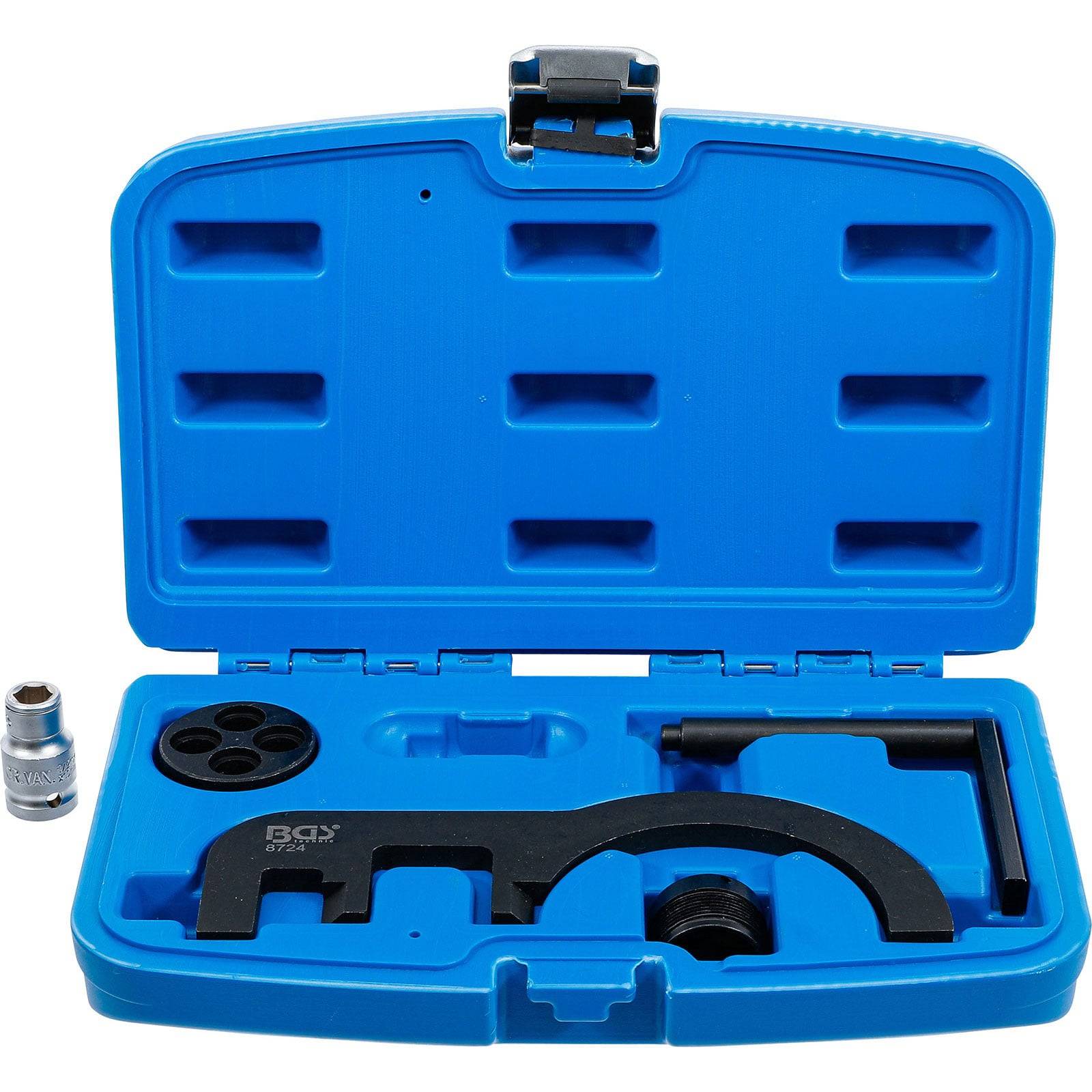 Blaue Kunststoff-Transportbox mit verschiedenen Werkzeugen für die Motorsynchronisation und Adaptern, daneben liegt ein zusätzliches Werkzeugstück.