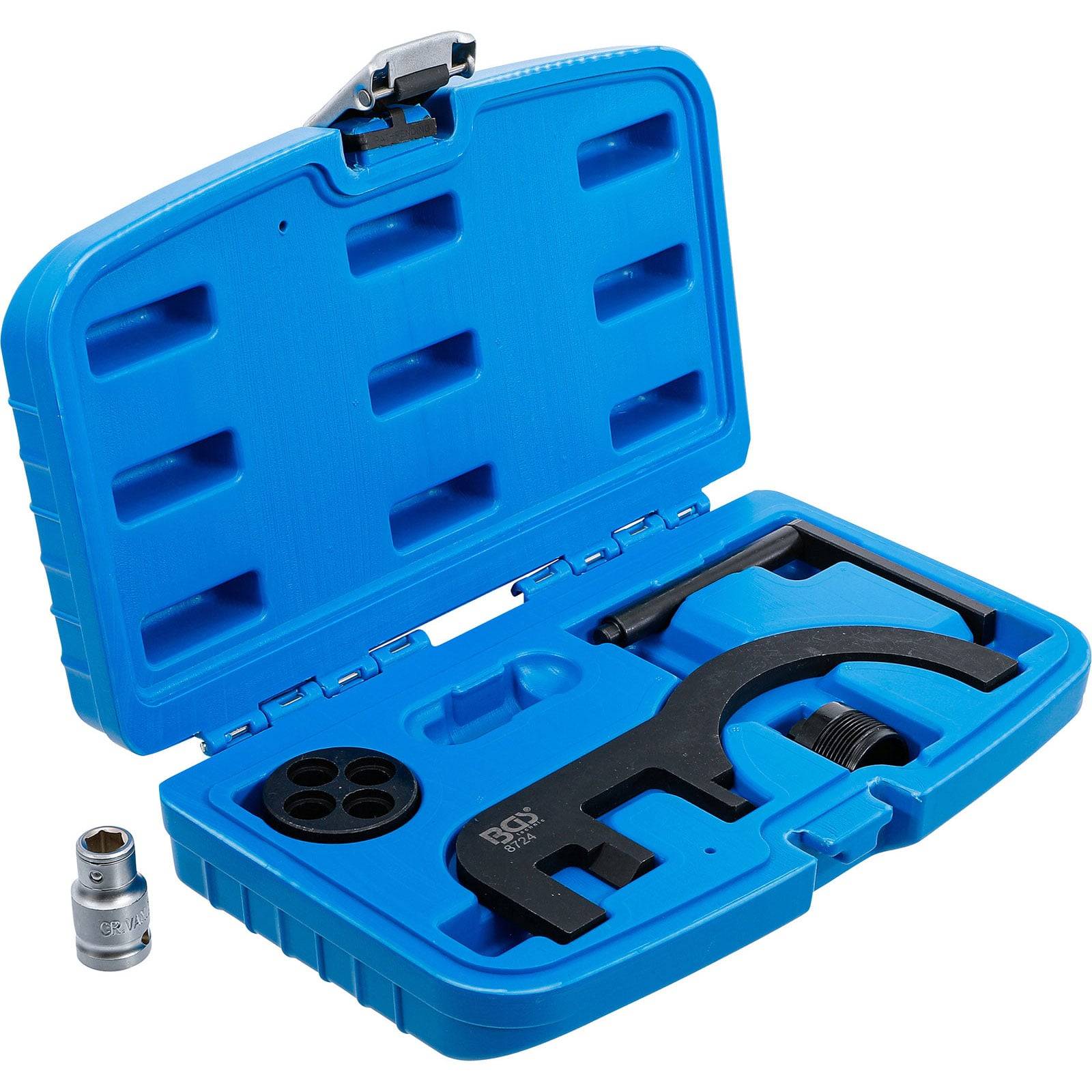 Eine blaue Plastikbox mit spezialisierten Werkzeugen zur Zahnriemenwartung, darunter ein Schraubenschlüssel und Adapter, die speziell für Fahrzeugwartung entwickelt wurden.