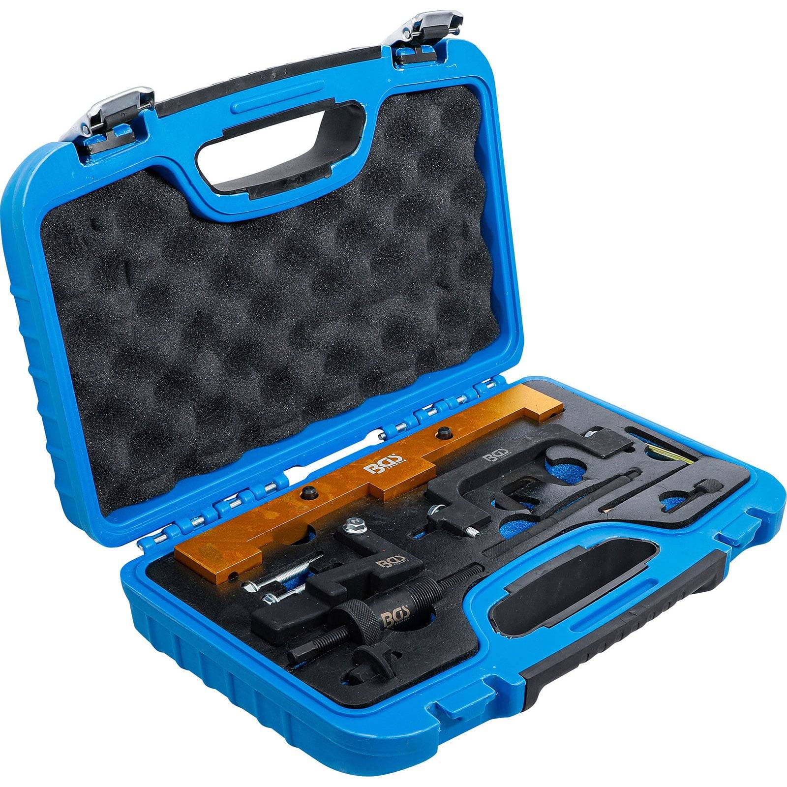 Eine blaue, offene Kunststoffbox mit verschiedenen schwarzen und metallischen Motoreinstellwerkzeugen, in kunstvoll geformten Fächern angeordnet, mit einem Griff oben.