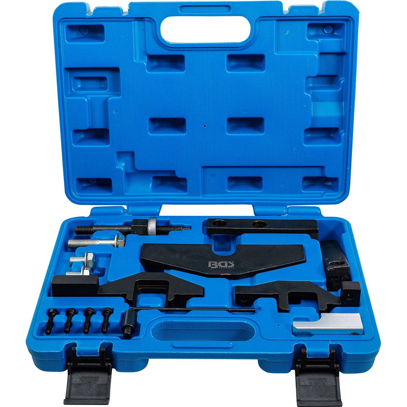 Eine offene blaue Werkzeugkiste, in der verschiedene Automotor-Einstellwerkzeuge in vorgesehenen Fächern für die Wartung von Fahrzeugmotoren angeordnet sind.