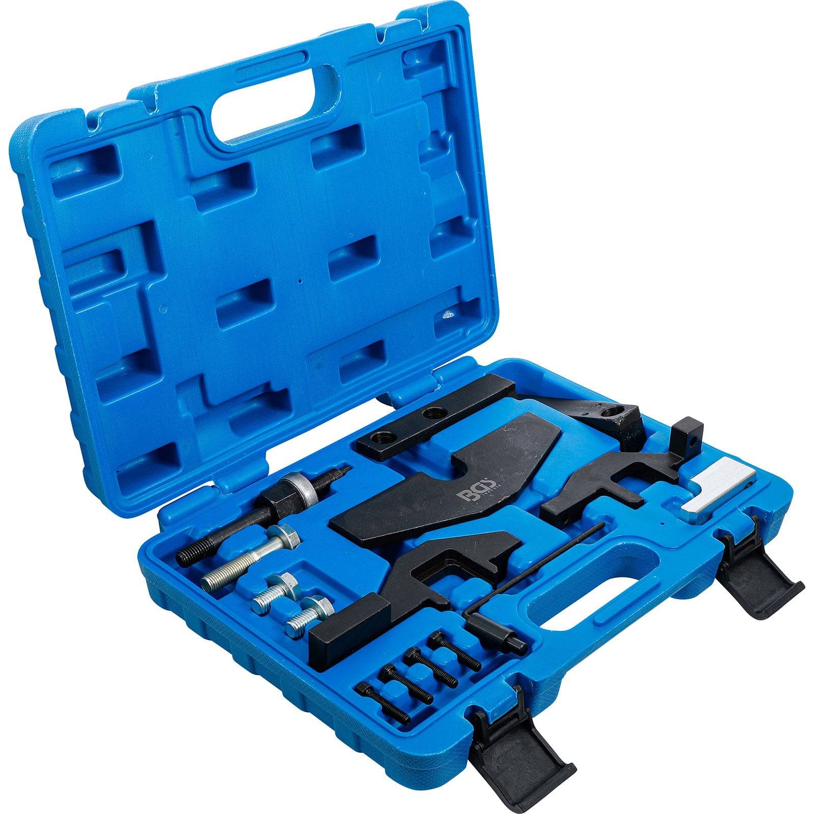 Eine blaue Plastiktragetasche mit verschiedenen Komponenten für automotive Timing-Werkzeuge, die in vorgesehenen Fächern zur Organisation und zum Transport angeordnet sind.