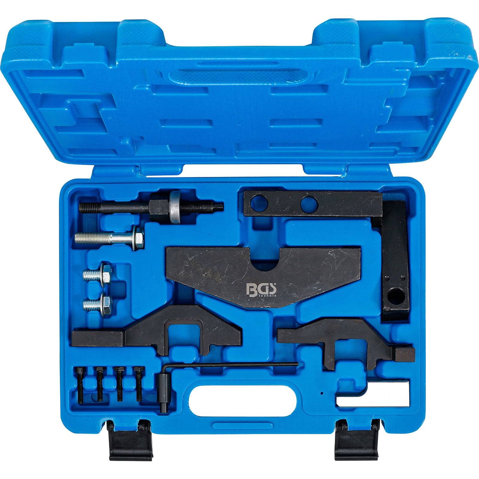 Eine blaue Transporttasche mit verschiedenen metallenen Automobilzeitsteuerungswerkzeugen, einschließlich Schrauben, einer Klammer und spezialisierten Komponenten für die Wartung von Motoren.