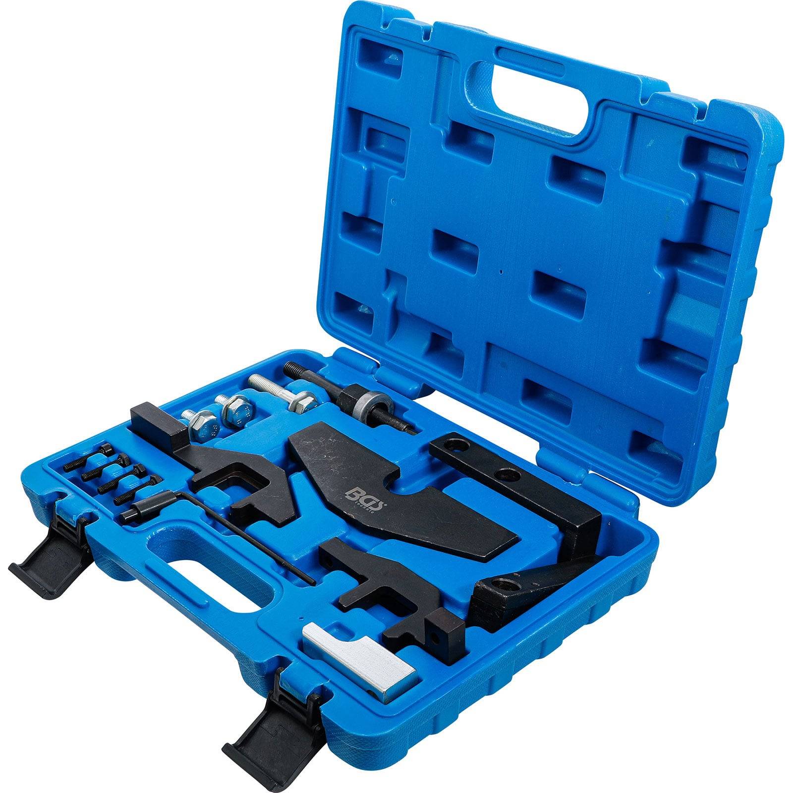 Eine blaue Plastikbox, die eine Vielzahl von Automotive-Zeitwerkzeugen enthält, darunter Schraubschlüssel, Klemmen und Stifte, die für die Wartung von Motoren verwendet werden.