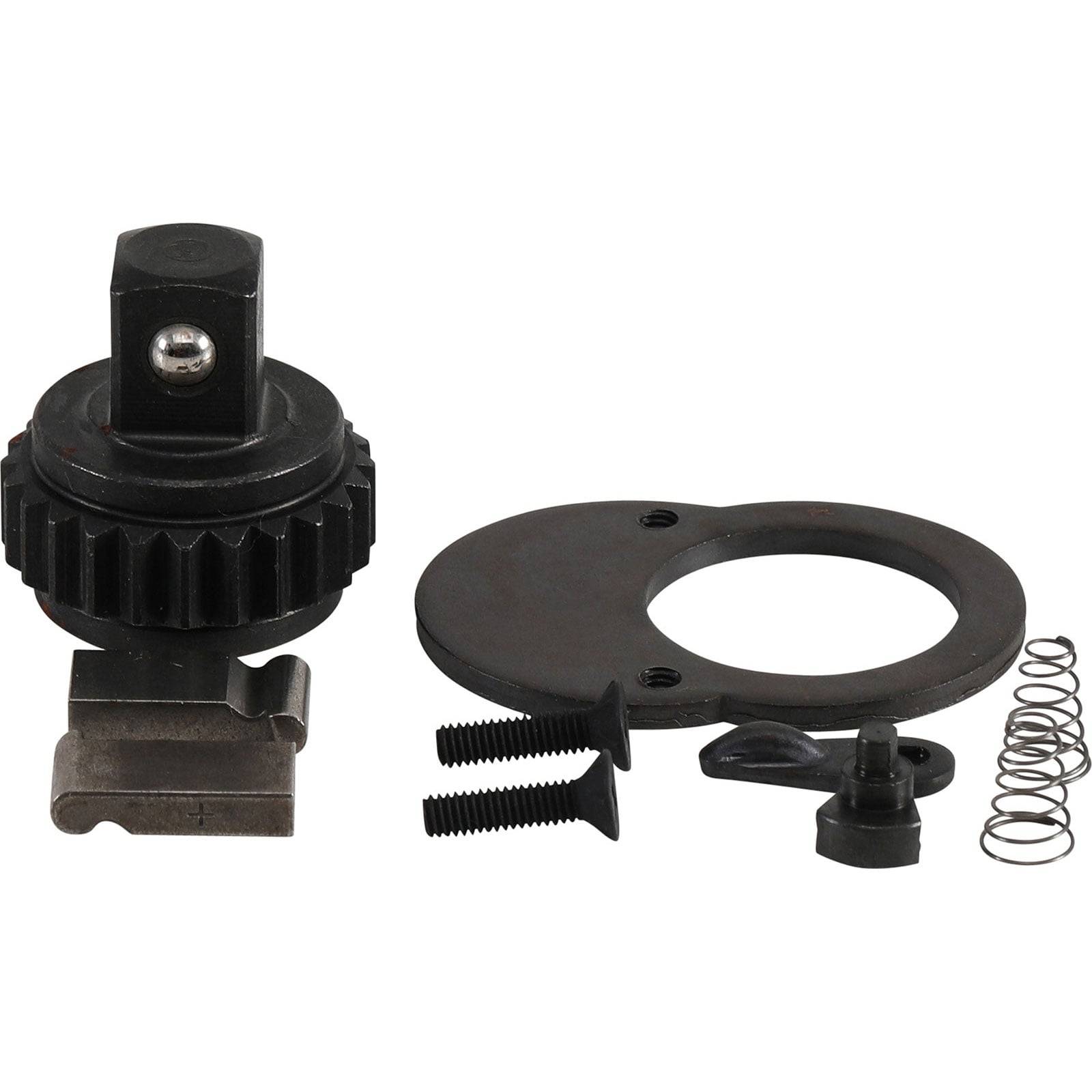 Eine metallische mechanische Baugruppe bestehend aus einem Zahnrad, Schrauben, einer Feder und einer Kreisscheibe, wahrscheinlich Komponenten für eine Maschinen- oder Werkzegraparatur.