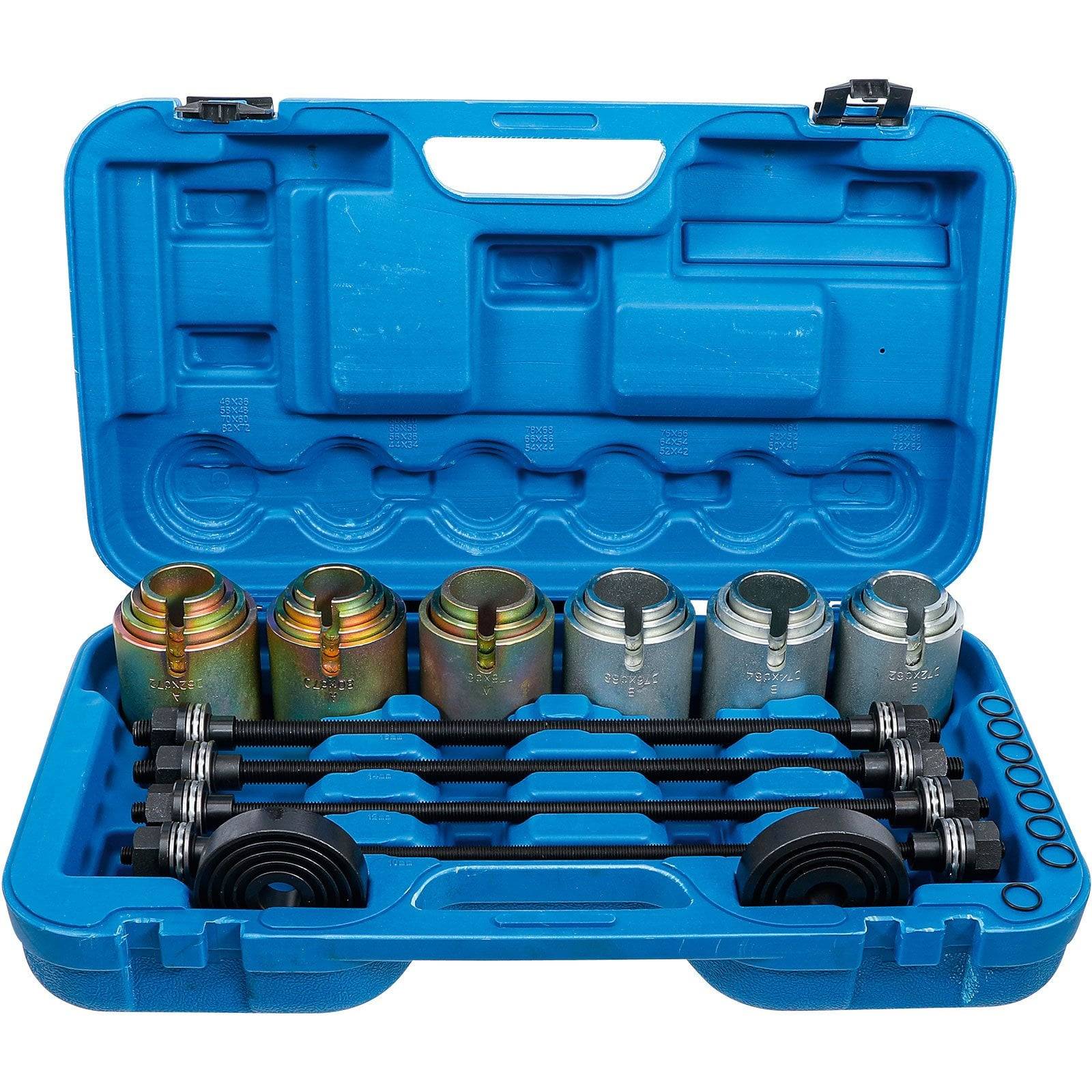 Eine blaue Kunststoffbox, die geöffnet ist und einen Satz Radlagerabzieher aus Metall zeigt, die sorgfältig in Schaumstoffeinlagen angeordnet sind und zur Fahrzeugwartung verwendet werden.